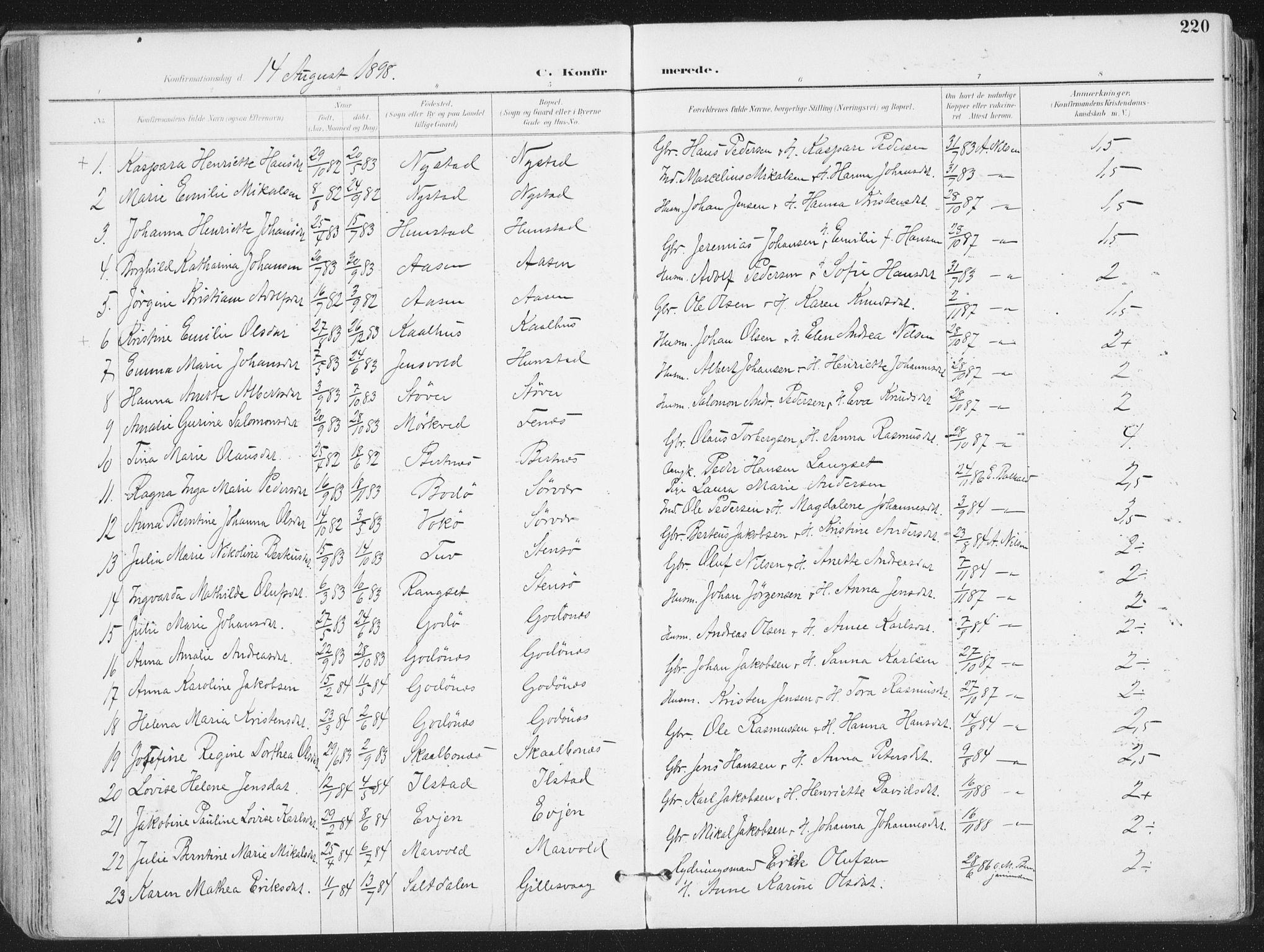 Ministerialprotokoller, klokkerbøker og fødselsregistre - Nordland, AV/SAT-A-1459/802/L0055: Parish register (official) no. 802A02, 1894-1915, p. 220