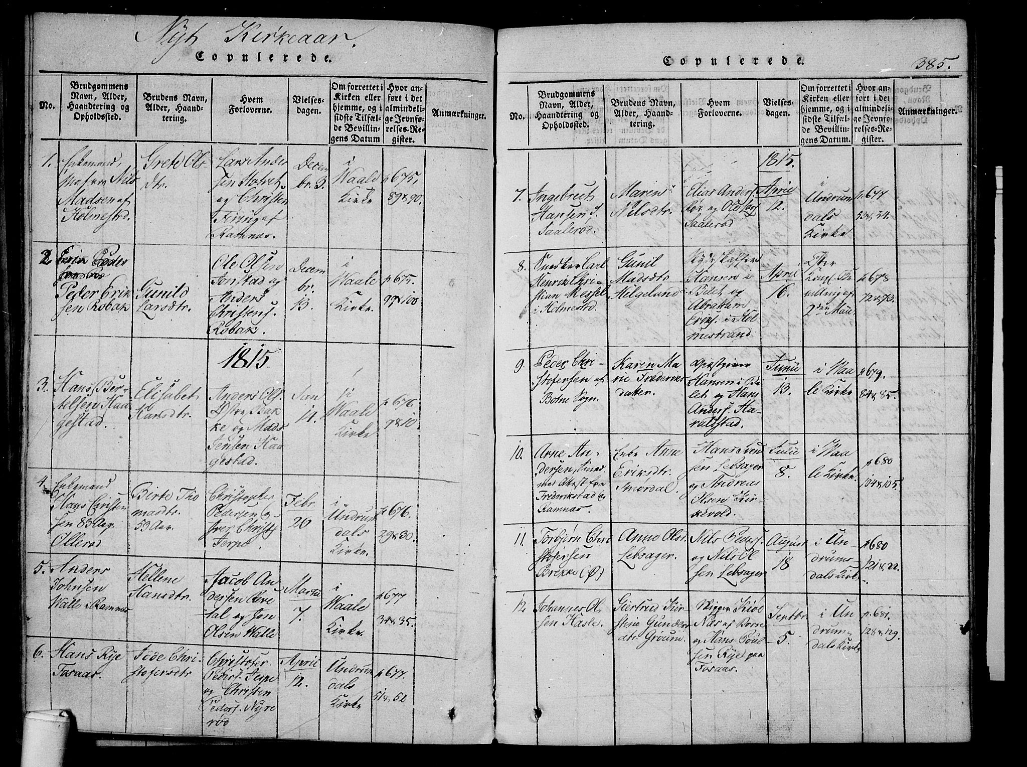 Våle kirkebøker, AV/SAKO-A-334/F/Fa/L0007: Parish register (official) no. I 7, 1814-1824, p. 384-385