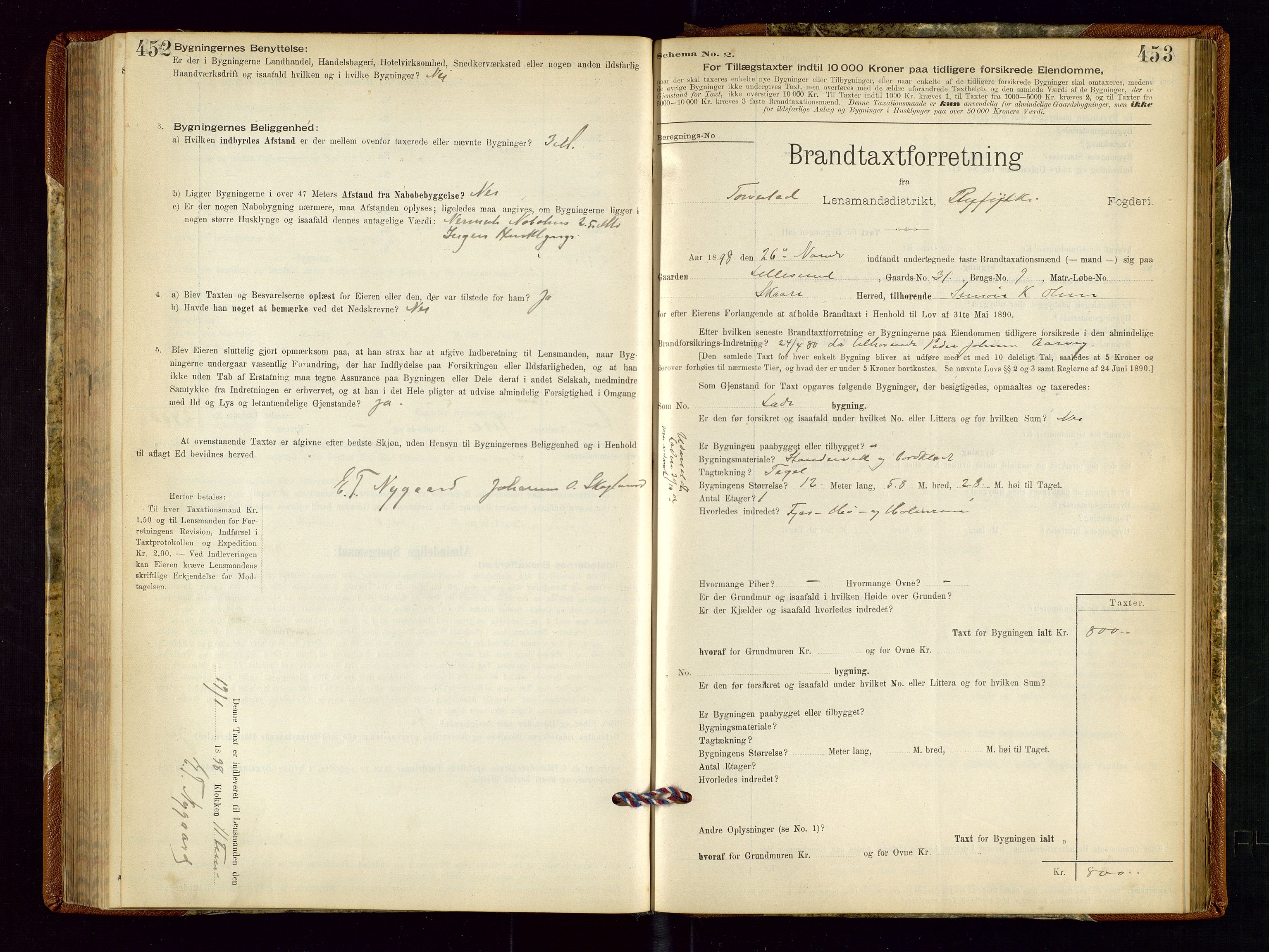 Torvestad lensmannskontor, SAST/A-100307/1/Gob/L0001: "Brandtaxationsprotokol for Torvestad Lensmannsdistrikt", 1895-1904, p. 452-453