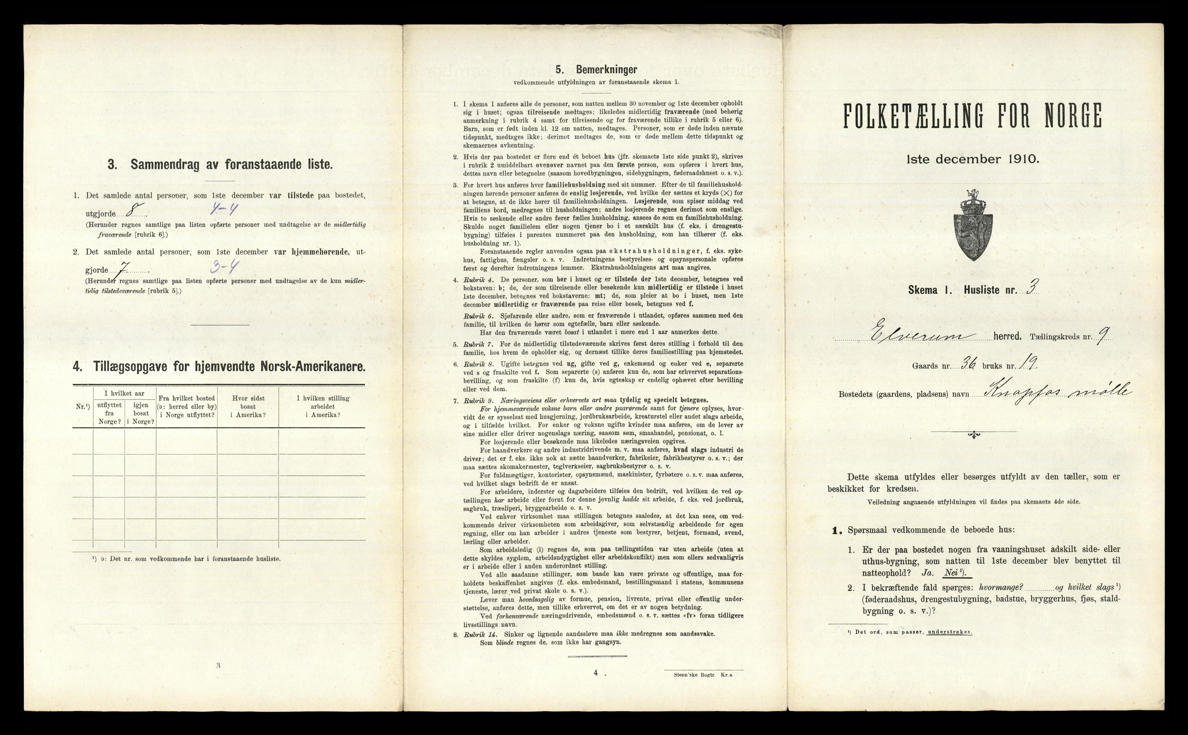 RA, 1910 census for Elverum, 1910, p. 1309