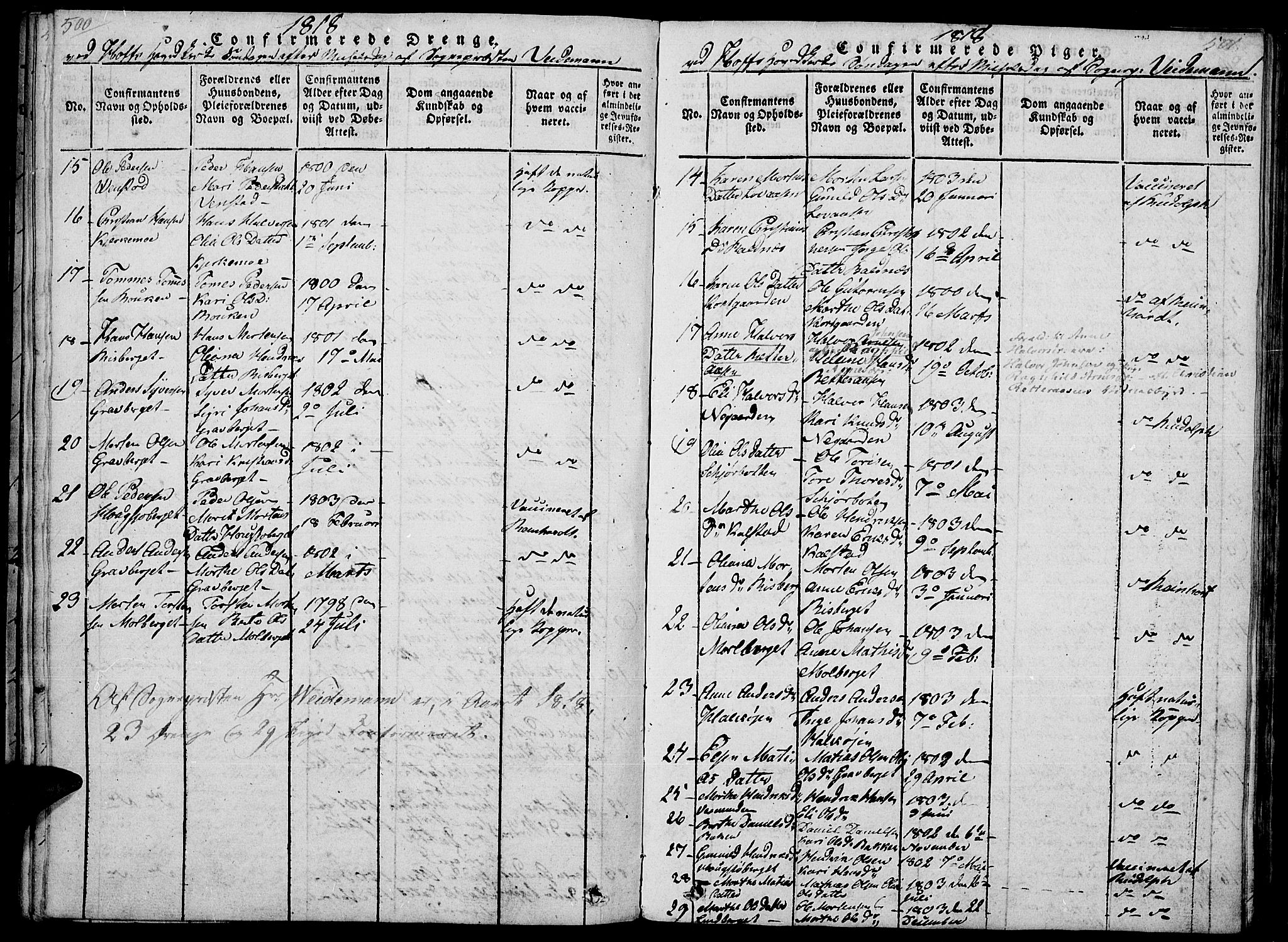 Hof prestekontor, AV/SAH-PREST-038/H/Ha/Haa/L0005: Parish register (official) no. 5, 1816-1822, p. 500-501