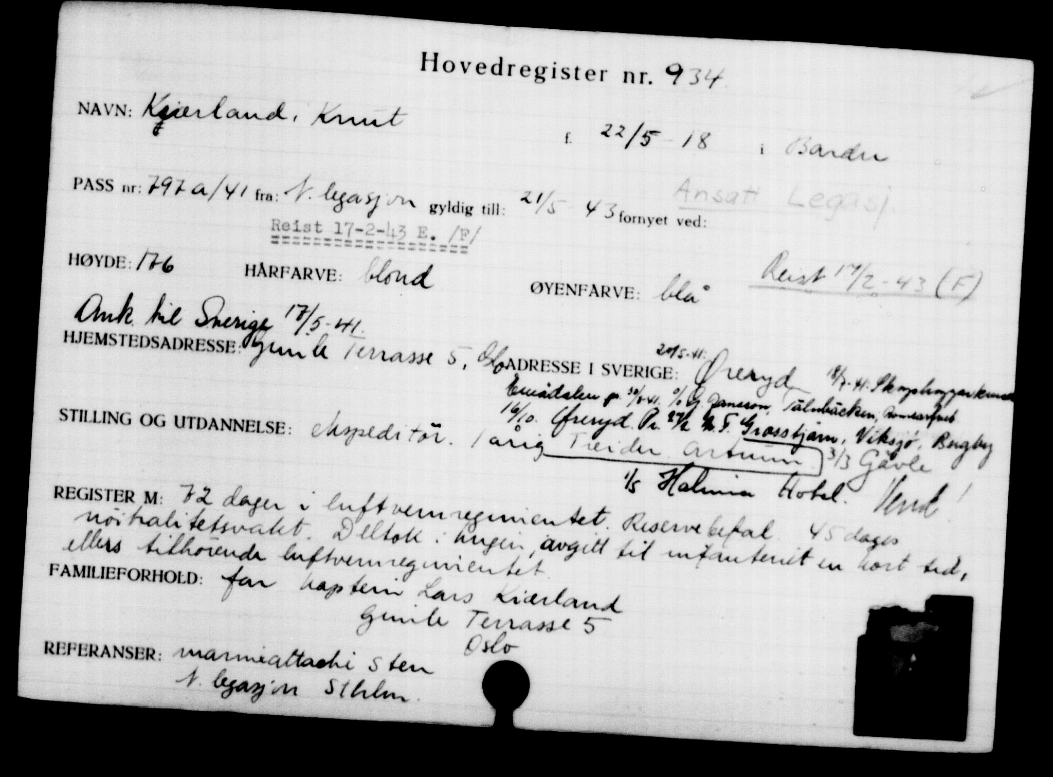 Utenriksstasjonene, Legasjonen i Stockholm, Flyktningkontoret, AV/RA-S-6753/V/Va/L0001: Kjesäterkartoteket, flyktninger med registreringsnr. 1-1000, 1940-1945, p. 1460