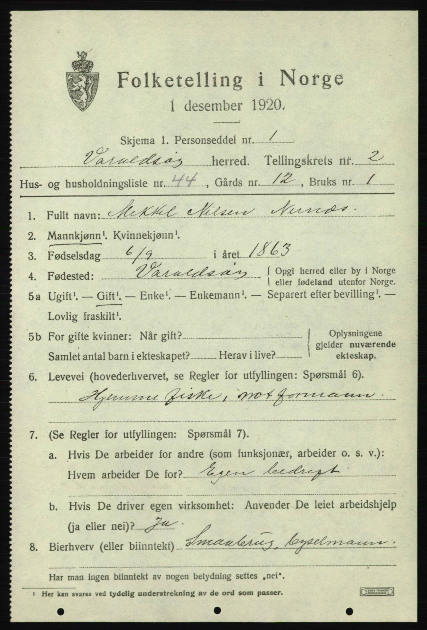 SAB, 1920 census for Varaldsøy, 1920, p. 1247