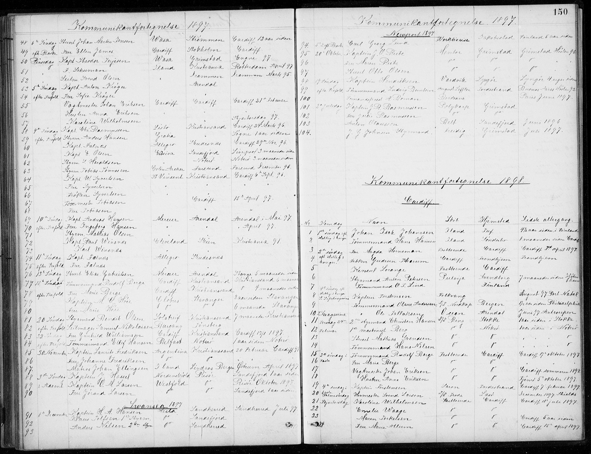 Den norske sjømannsmisjon i utlandet/Bristolhavnene(Cardiff-Swansea), SAB/SAB/PA-0102/H/Ha/Haa/L0002: Parish register (official) no. A 2, 1887-1932, p. 150