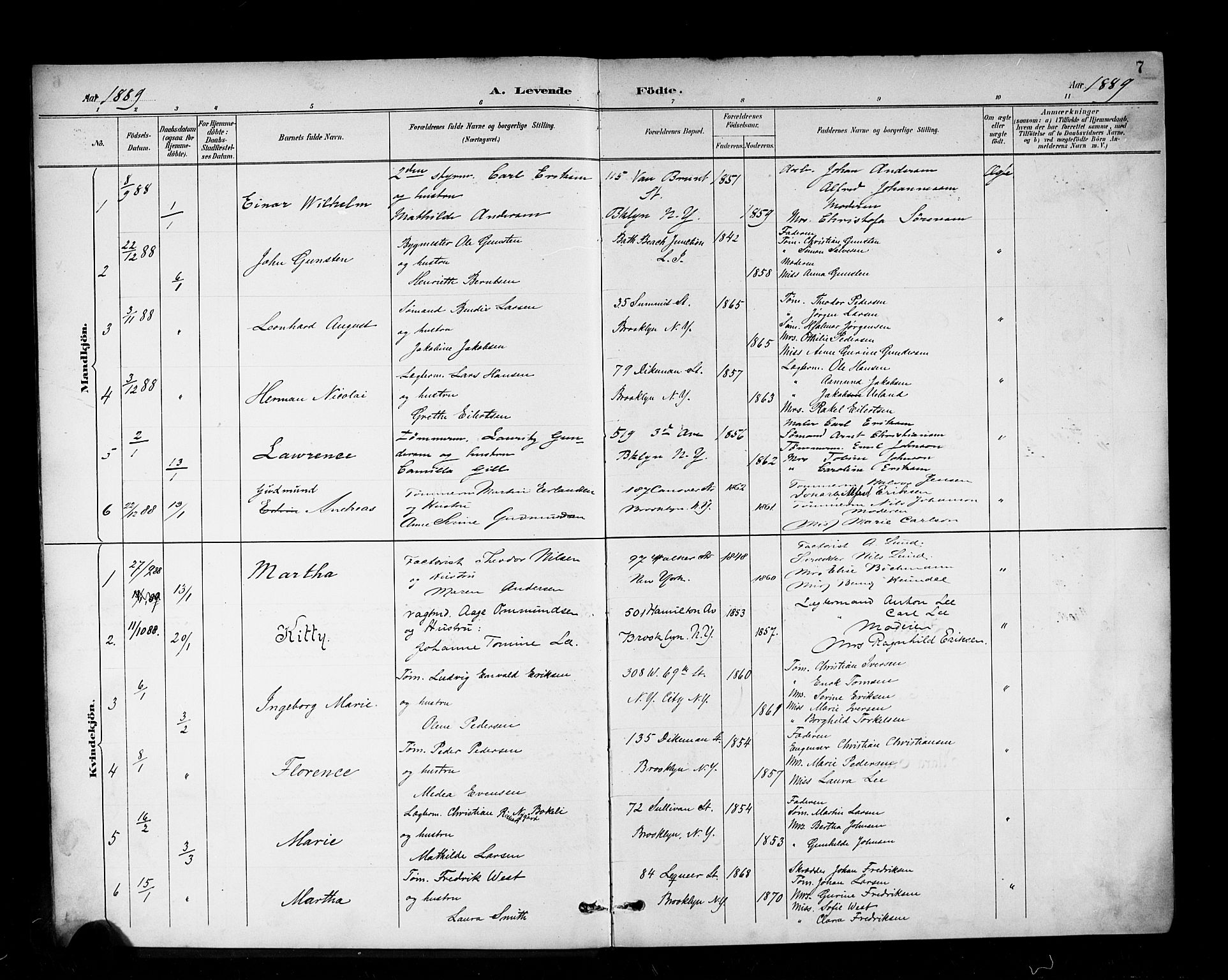 Den norske sjømannsmisjon i utlandet/New York, SAB/SAB/PA-0110/H/Ha/L0003: Parish register (official) no. A 3, 1888-1893, p. 7