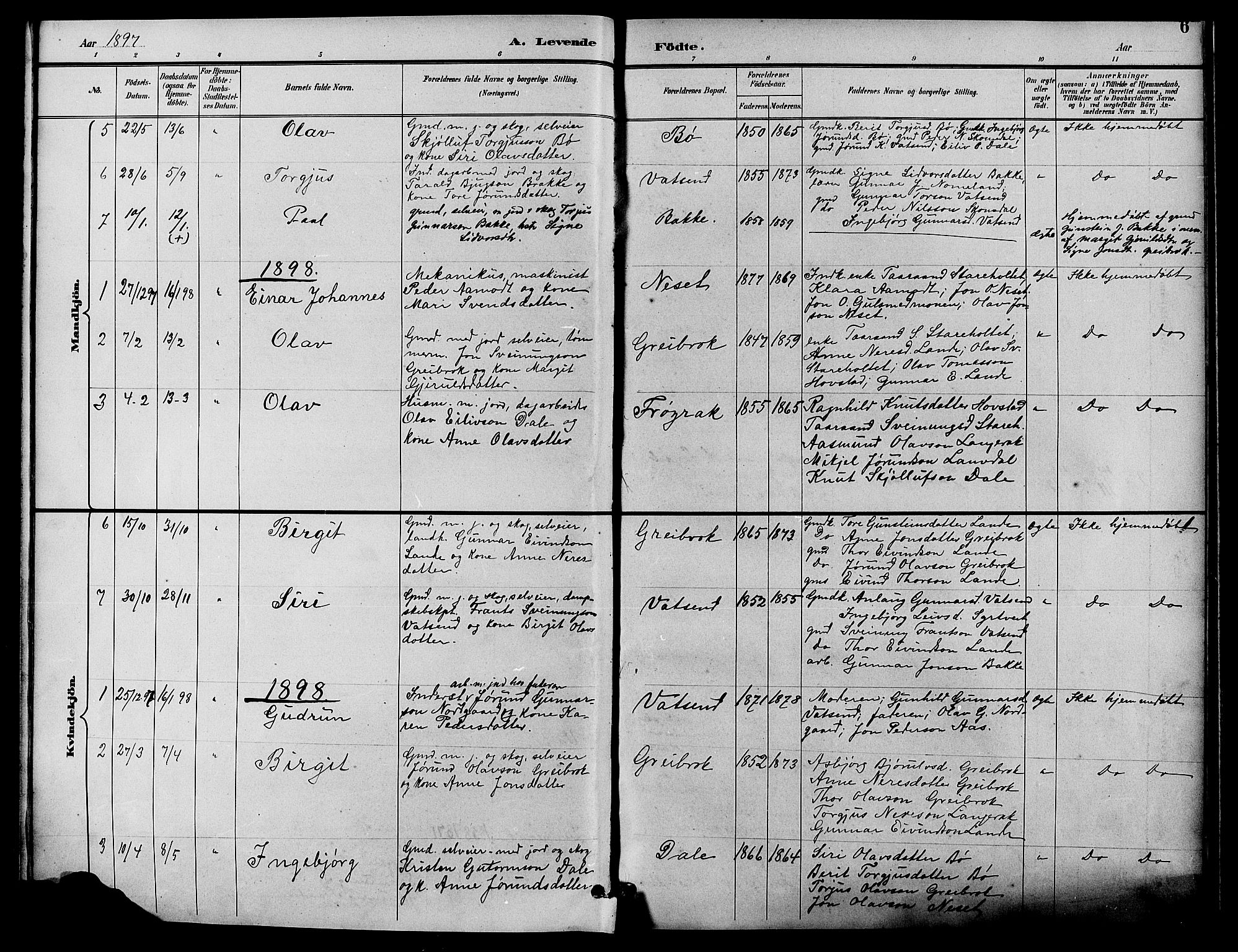 Bygland sokneprestkontor, SAK/1111-0006/F/Fb/Fbd/L0002: Parish register (copy) no. B 2, 1894-1909, p. 6