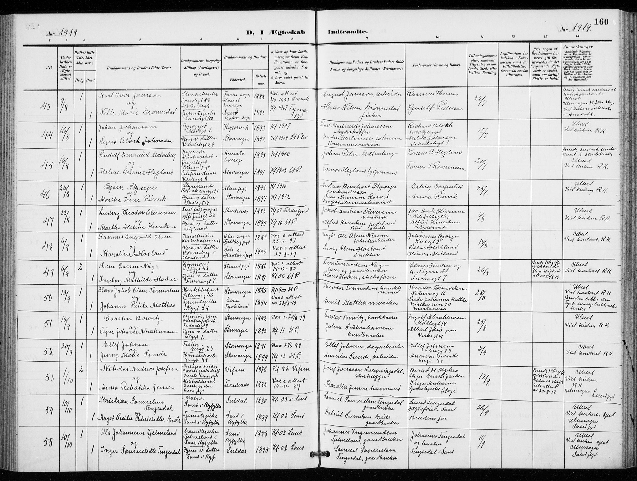 St. Petri sokneprestkontor, AV/SAST-A-101813/001/30/30BB/L0009: Parish register (copy) no. B 9, 1902-1935, p. 160