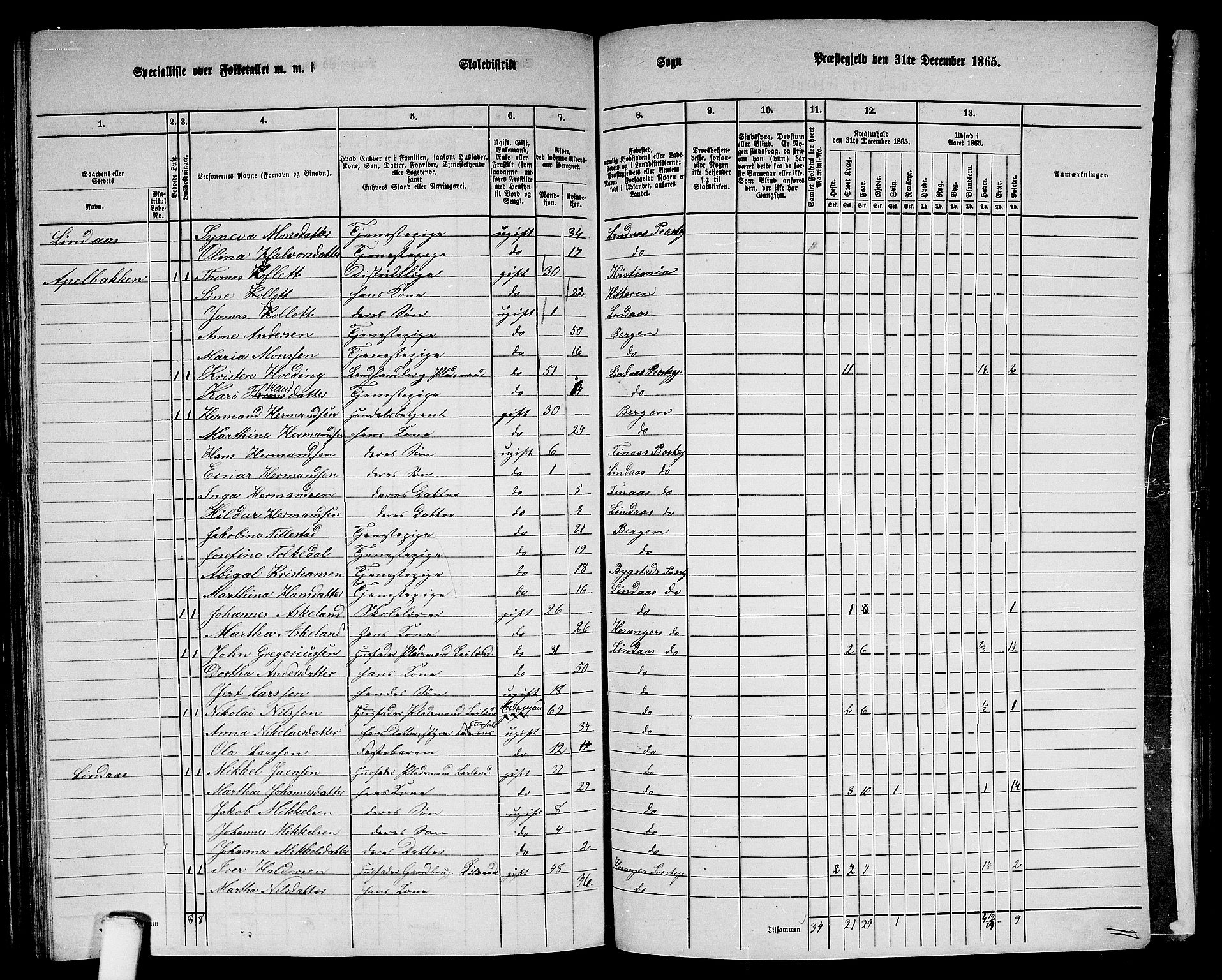 RA, 1865 census for Lindås, 1865, p. 206