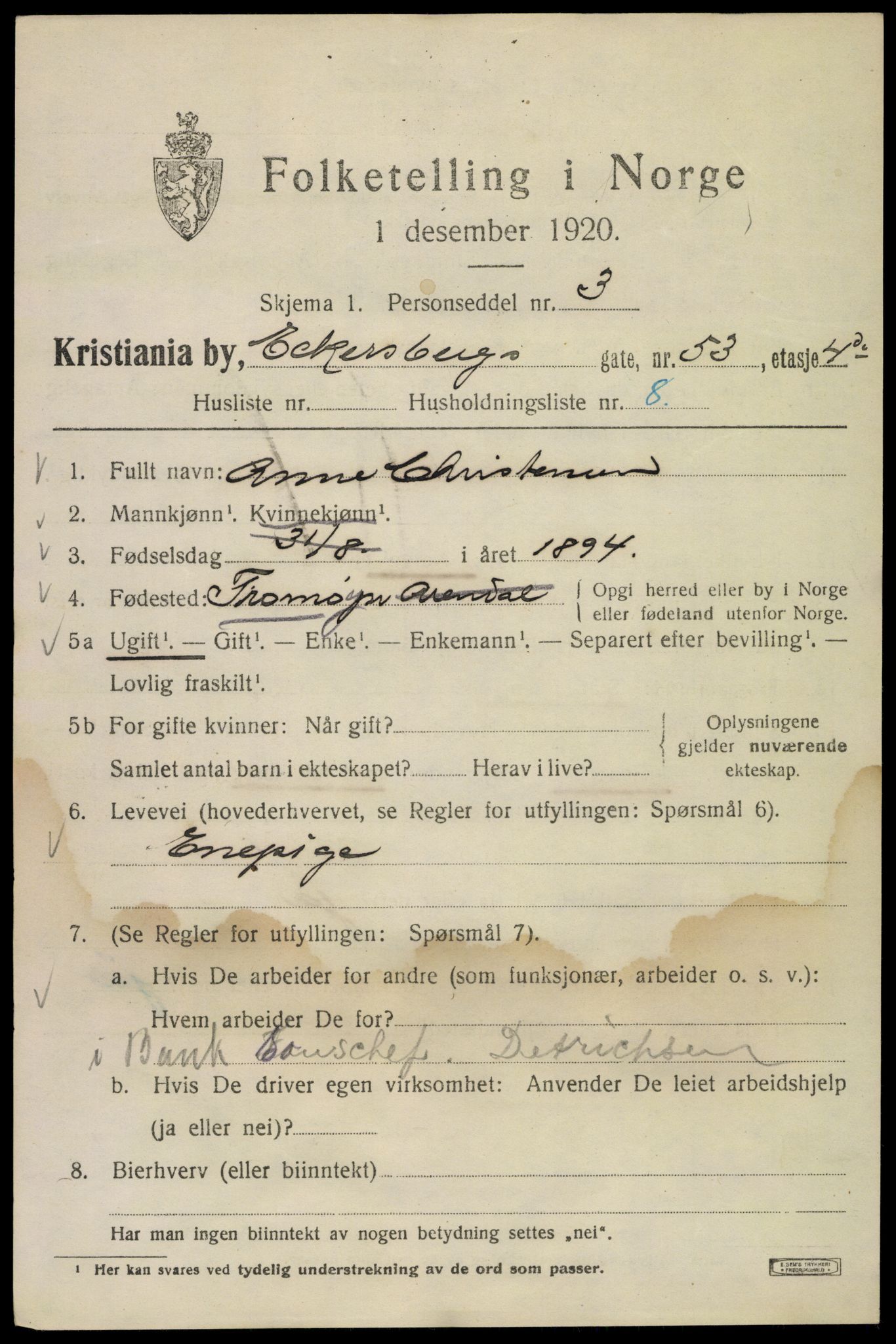 SAO, 1920 census for Kristiania, 1920, p. 209531