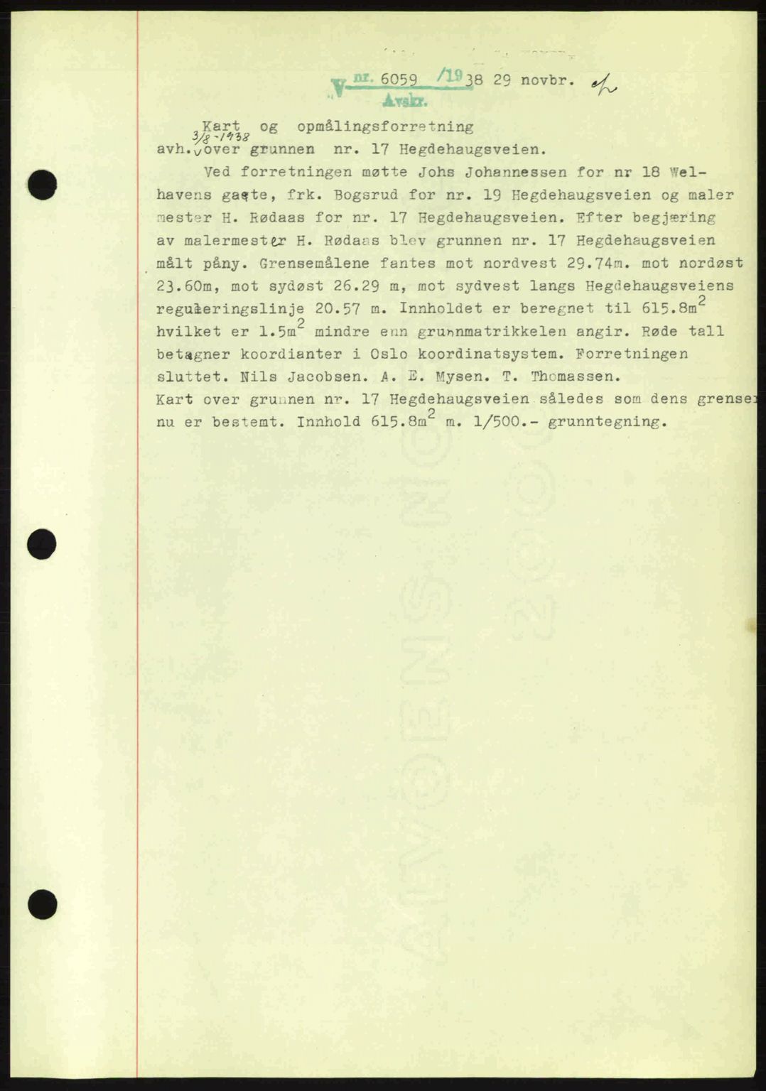 Oslo byskriverembete, AV/SAO-A-10227/G/Gb/Gbb/Gbbb/L0003: Mortgage book no. VA3, 1938-1939, Diary no: : 6059/1938