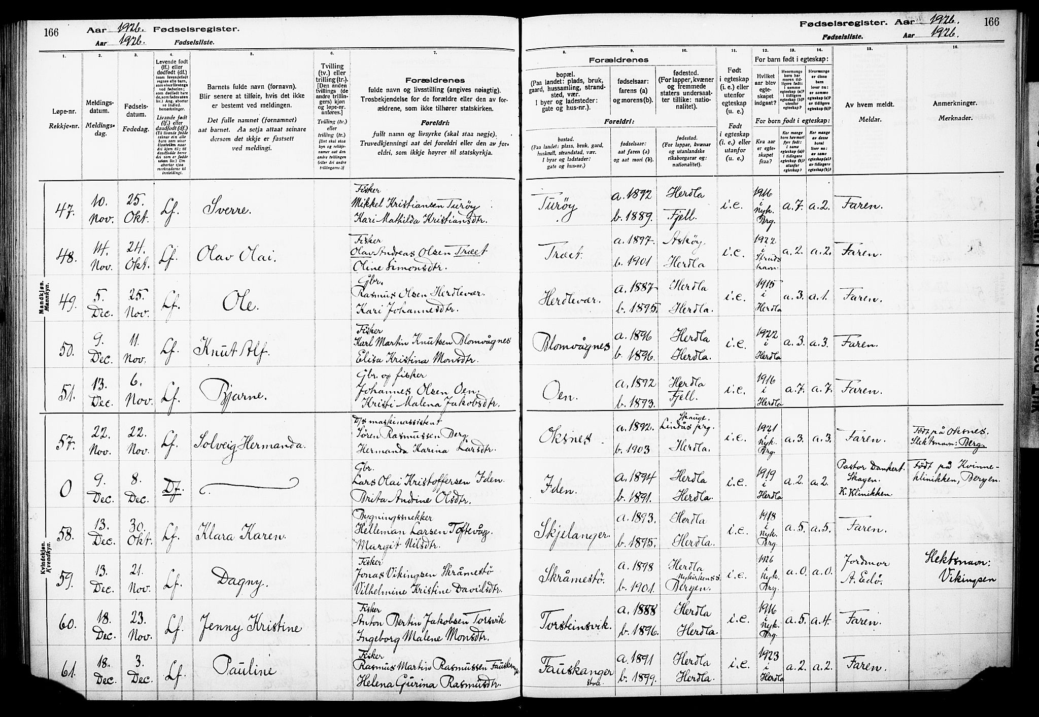 Herdla Sokneprestembete, AV/SAB-A-75701/I/Id/L00A1: Birth register no. A 1, 1916-1929, p. 166