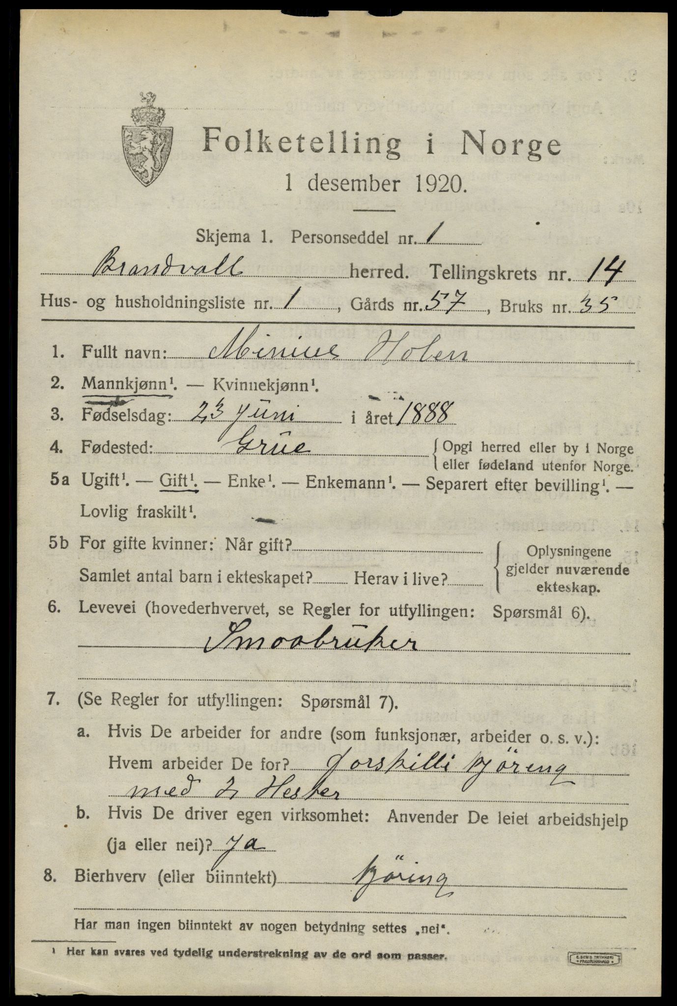 SAH, 1920 census for Brandval, 1920, p. 9484