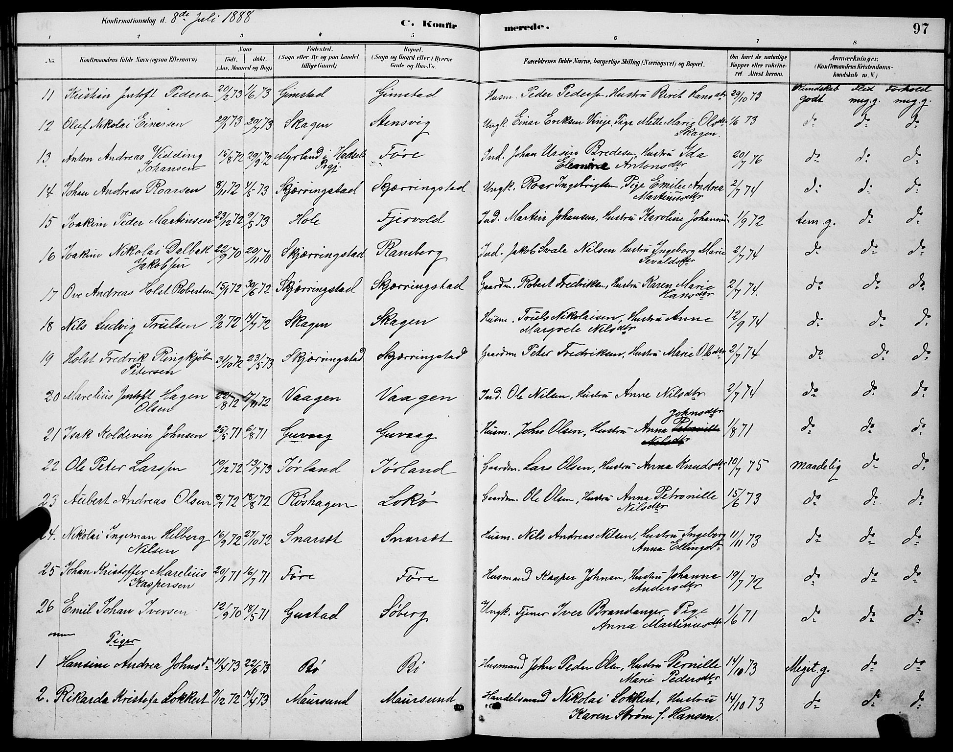 Ministerialprotokoller, klokkerbøker og fødselsregistre - Nordland, SAT/A-1459/891/L1315: Parish register (copy) no. 891C04, 1886-1893, p. 97