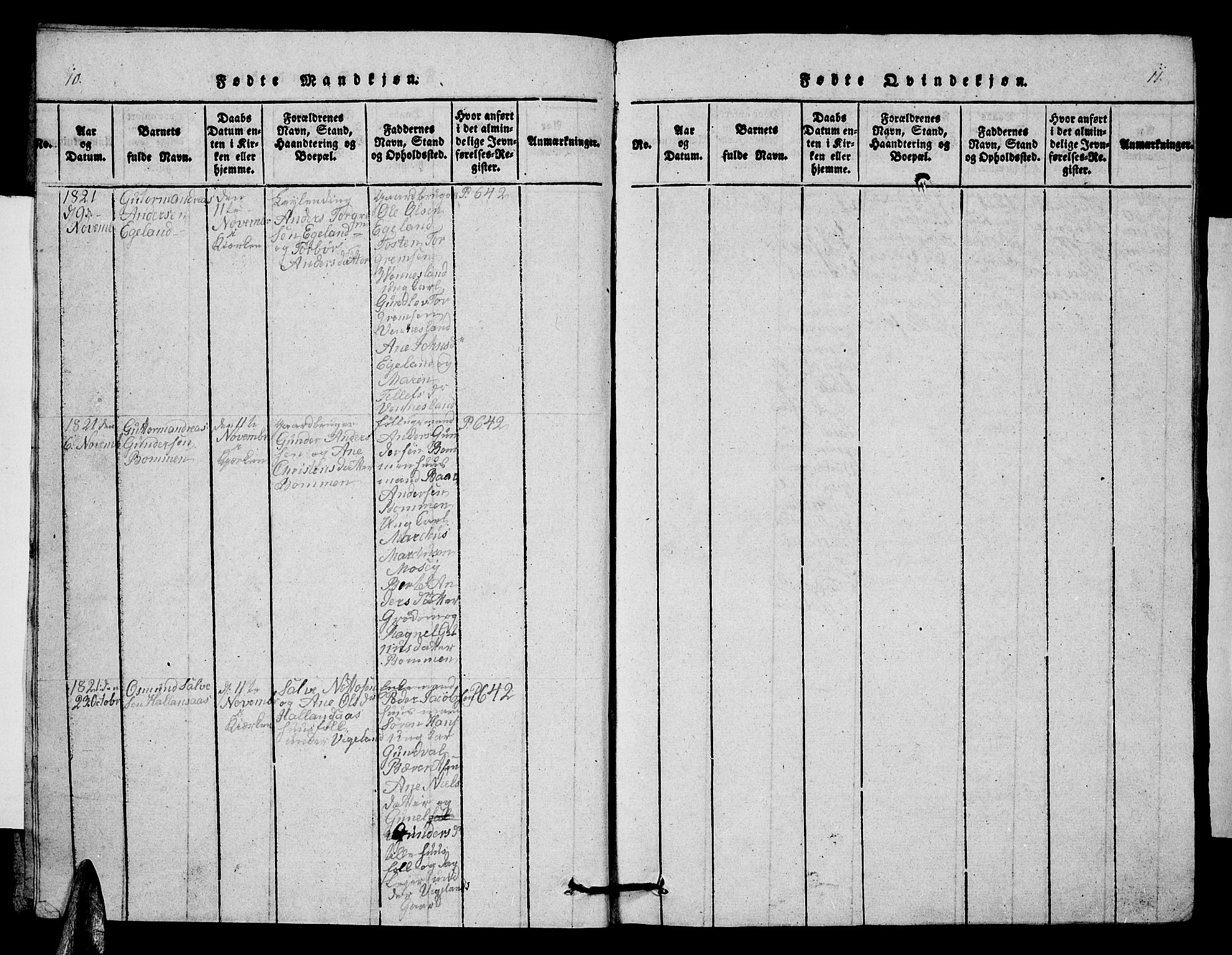 Vennesla sokneprestkontor, AV/SAK-1111-0045/Fb/Fbb/L0001: Parish register (copy) no. B 1, 1820-1834, p. 10-11