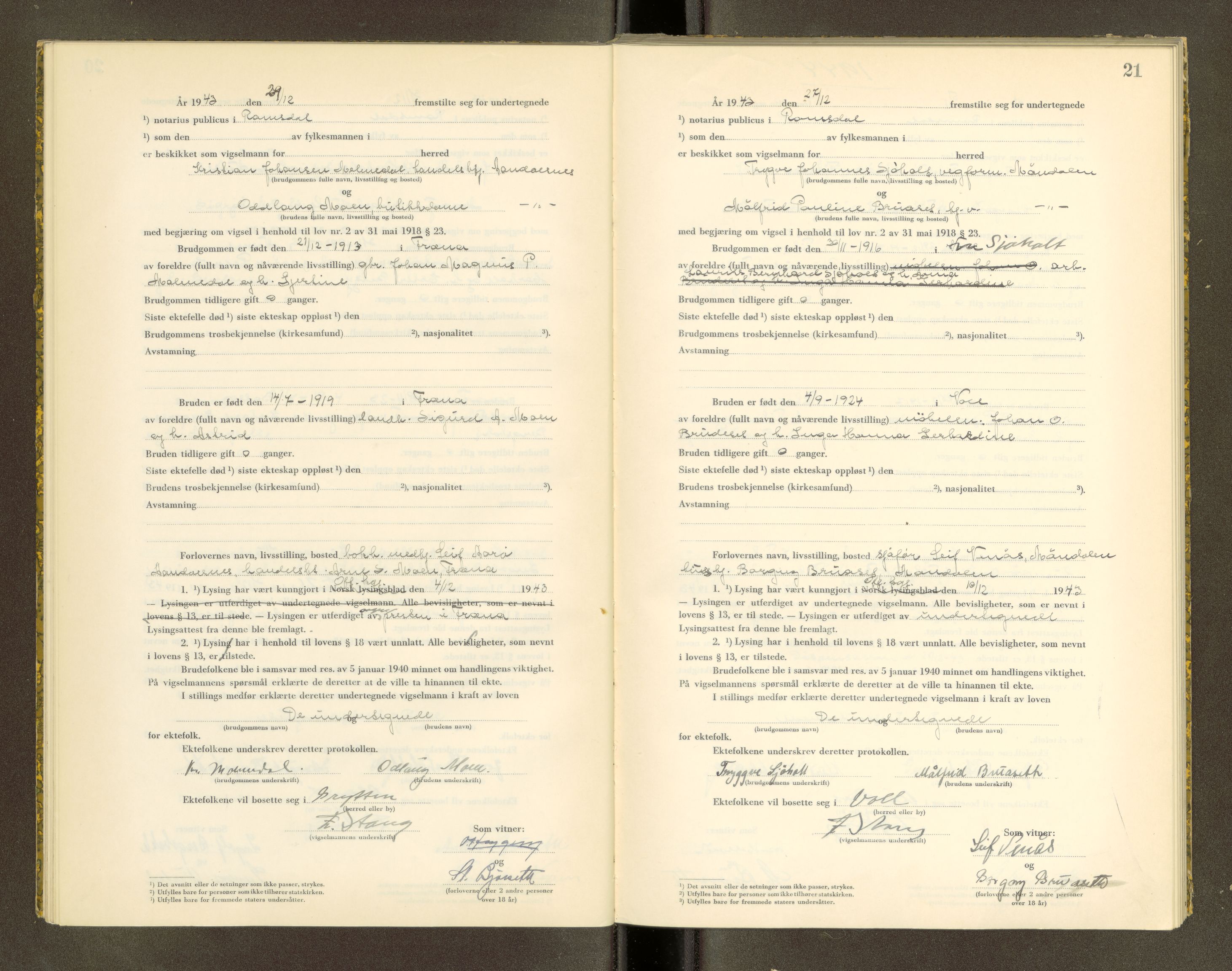 Romsdal sorenskriveri, AV/SAT-A-4149/1/6/6D/L0007: Vigselbok, 1943-1944, p. 21
