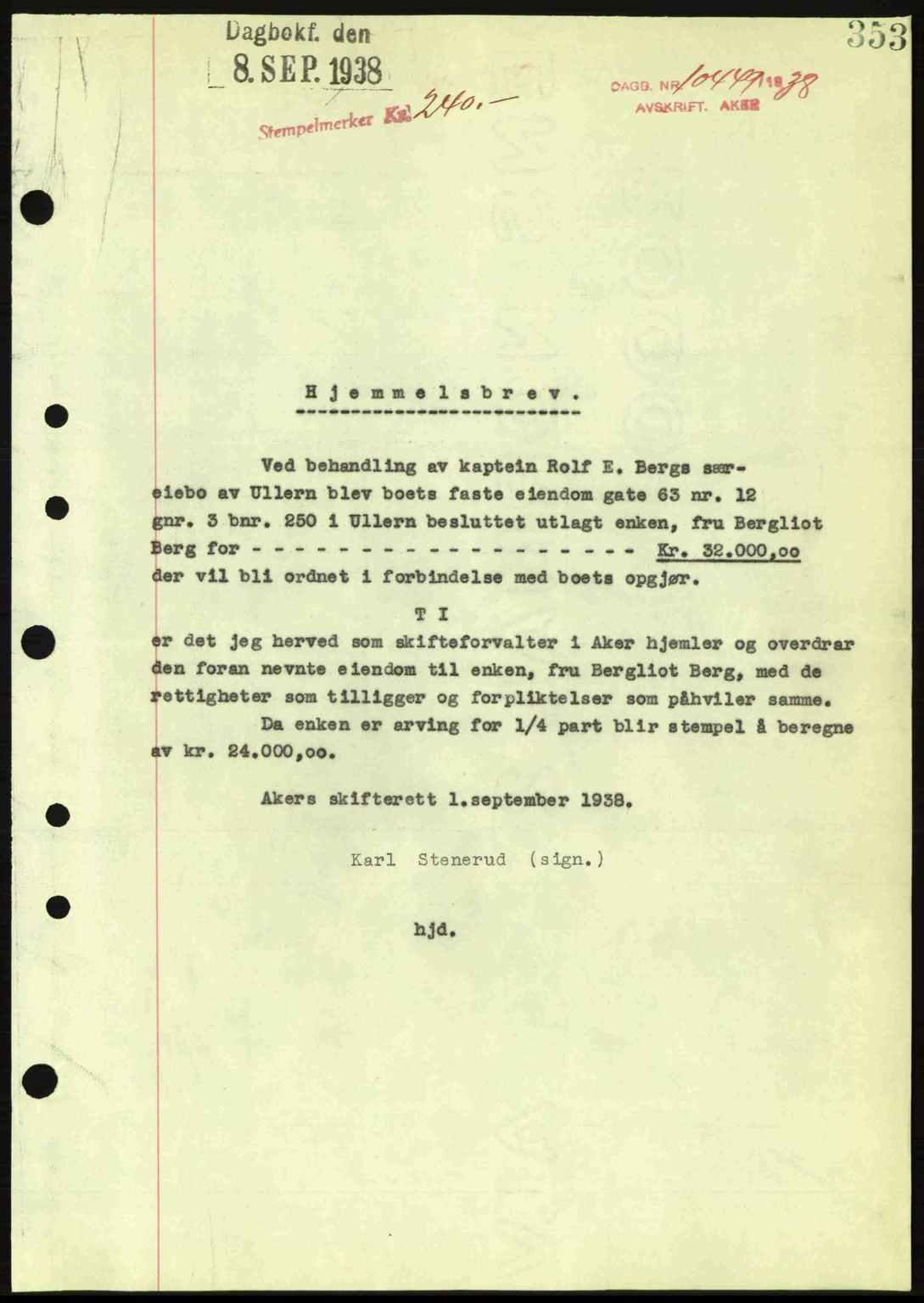 Aker herredsskriveri, SAO/A-10896/G/Gb/Gba/Gbab/L0025: Mortgage book no. A154-155, 1938-1938, Diary no: : 10449/1938