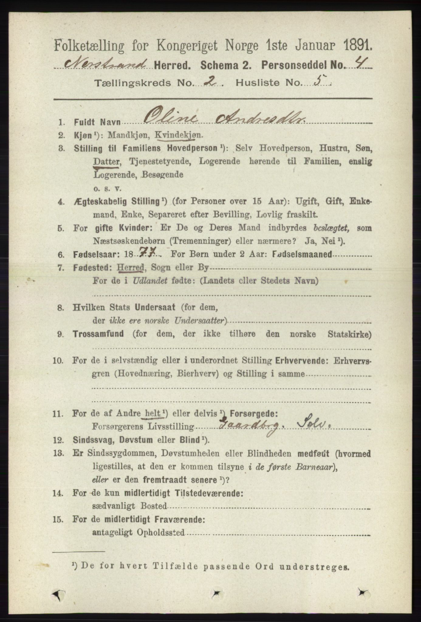 RA, 1891 census for 1139 Nedstrand, 1891, p. 265