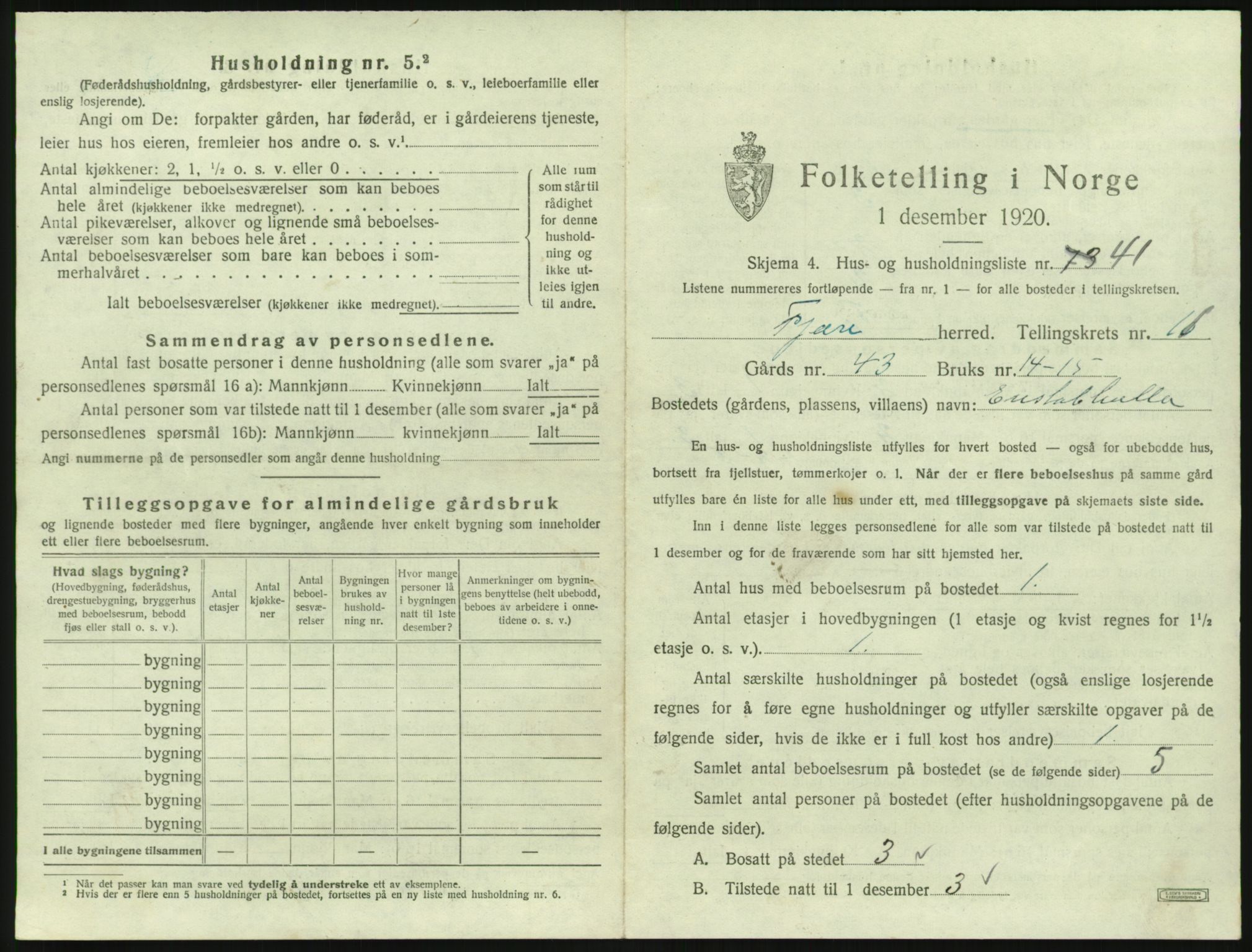 SAK, 1920 census for Fjære, 1920, p. 2045