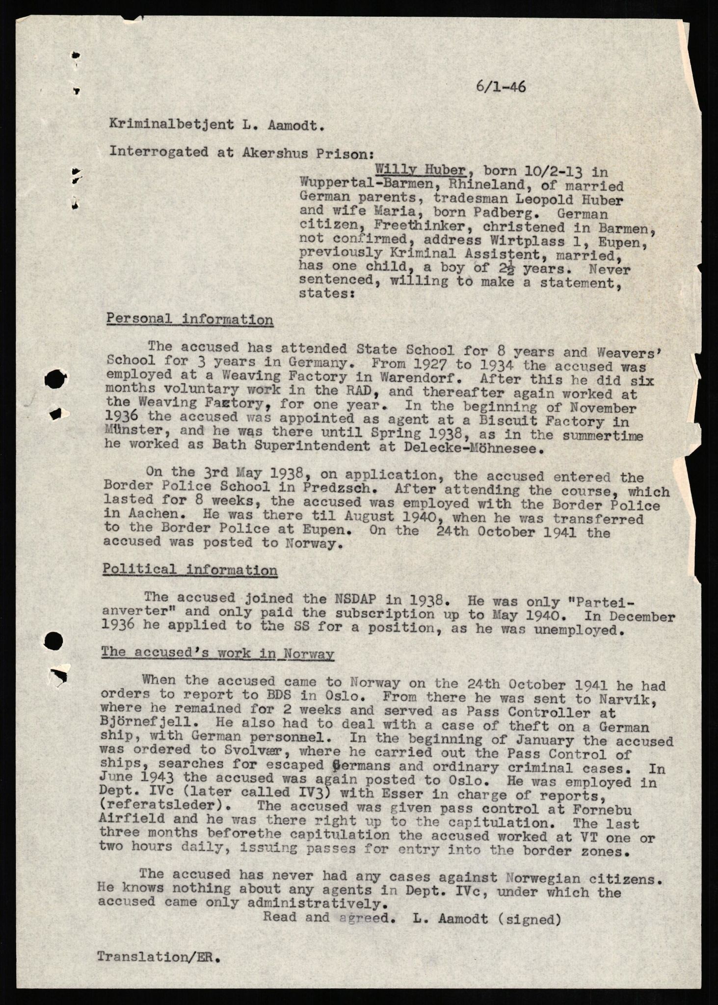 Forsvaret, Forsvarets overkommando II, RA/RAFA-3915/D/Db/L0014: CI Questionaires. Tyske okkupasjonsstyrker i Norge. Tyskere., 1945-1946, p. 122