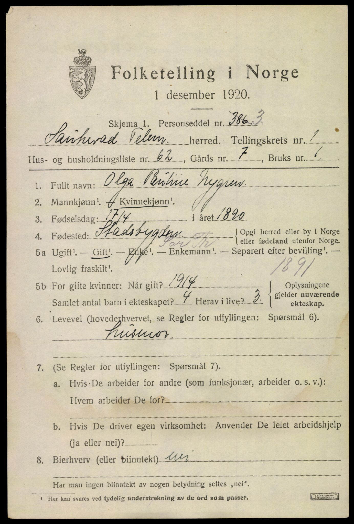 SAKO, 1920 census for Sauherad, 1920, p. 2297