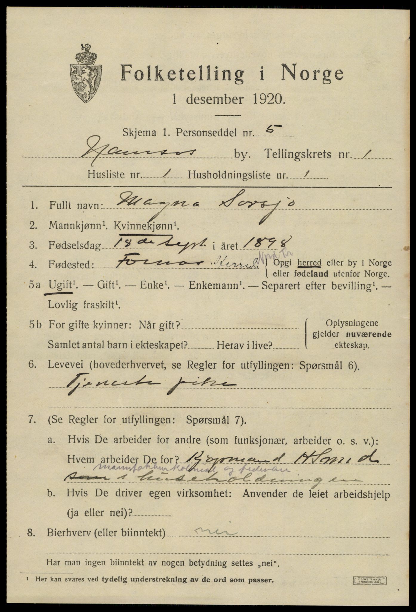 SAT, 1920 census for Namsos, 1920, p. 2023