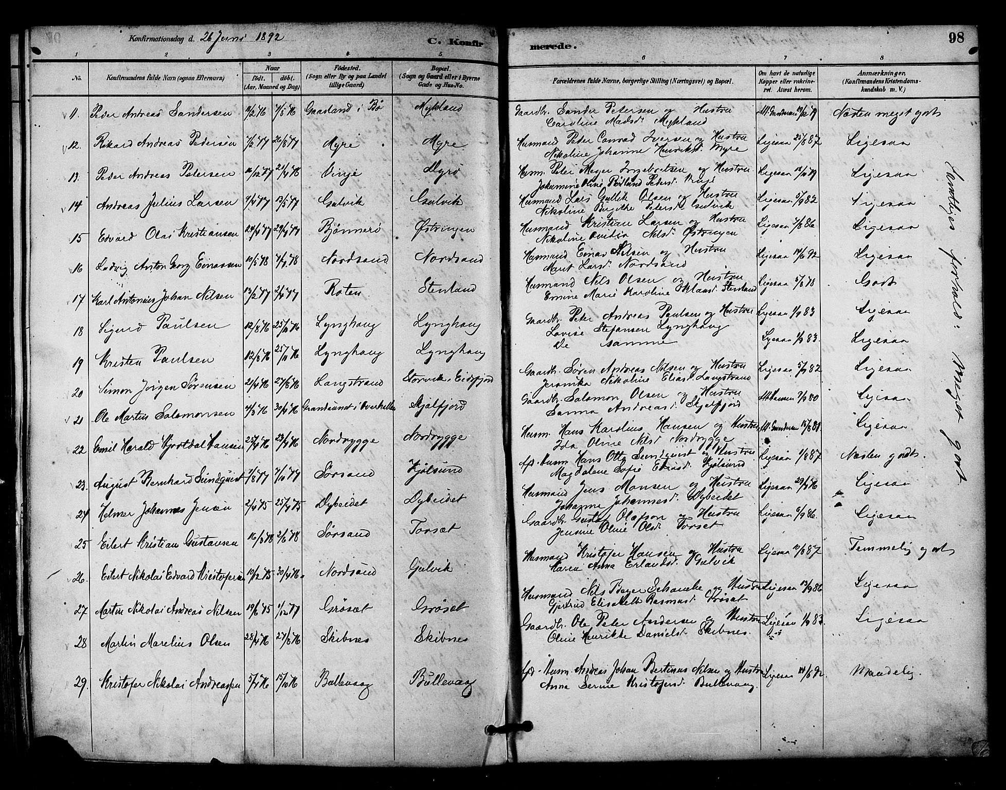 Ministerialprotokoller, klokkerbøker og fødselsregistre - Nordland, AV/SAT-A-1459/893/L1337: Parish register (official) no. 893A09, 1885-1893, p. 98