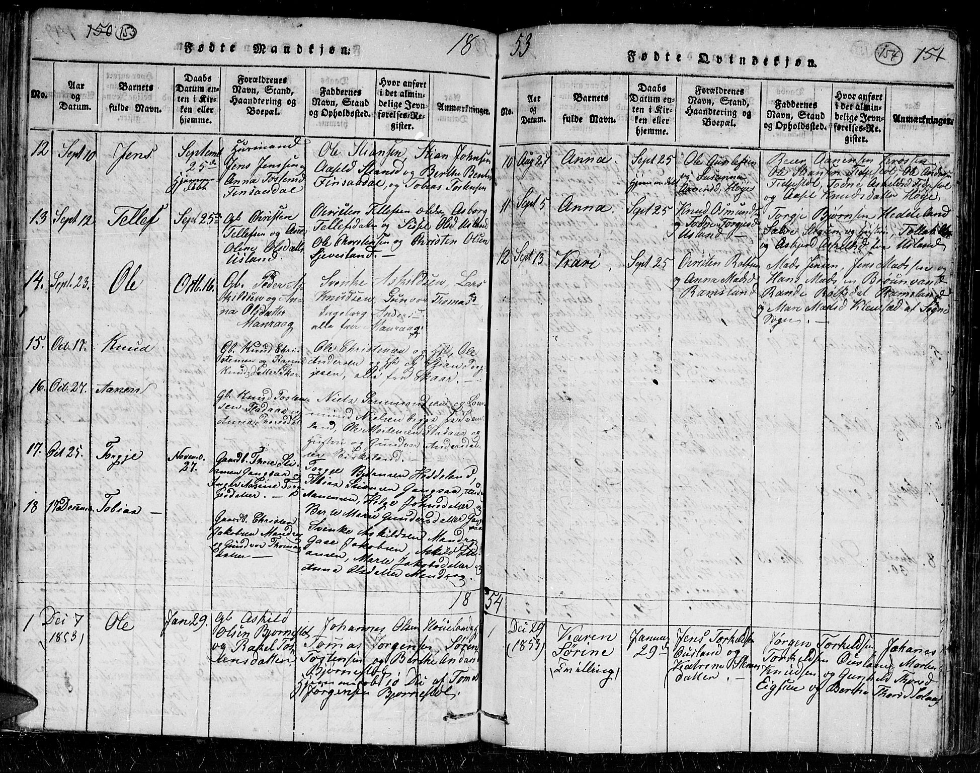 Holum sokneprestkontor, AV/SAK-1111-0022/F/Fb/Fbc/L0001: Parish register (copy) no. B 1, 1820-1859, p. 153-154