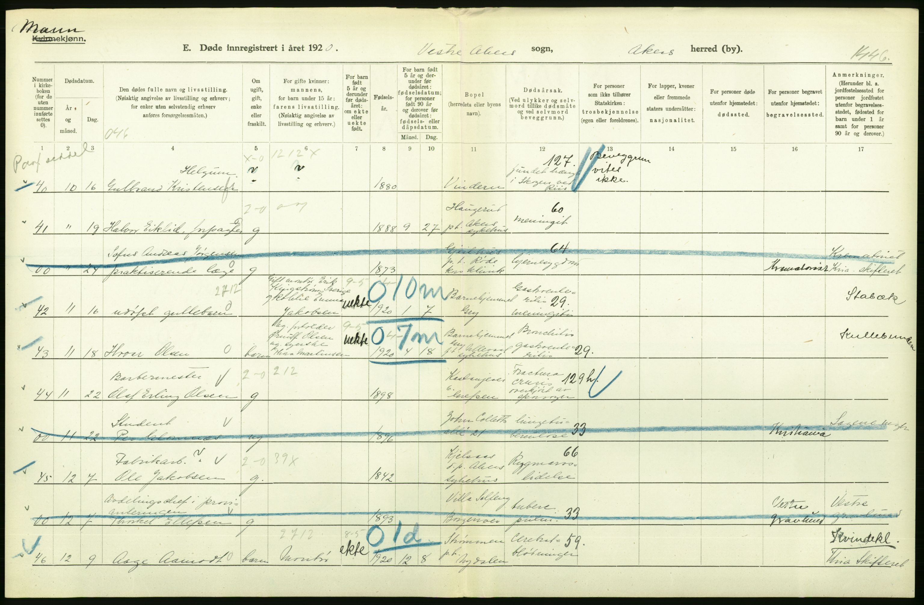 Statistisk sentralbyrå, Sosiodemografiske emner, Befolkning, AV/RA-S-2228/D/Df/Dfb/Dfbj/L0007: Akershus fylke: Døde. Bygder og byer., 1920, p. 62