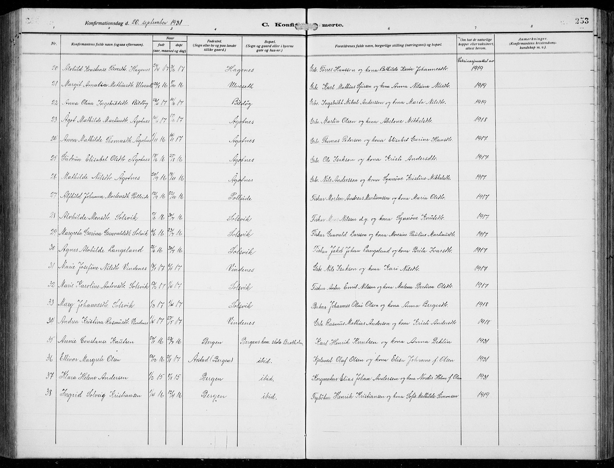 Fjell sokneprestembete, AV/SAB-A-75301/H/Hab: Parish register (copy) no. A  6, 1918-1936, p. 253