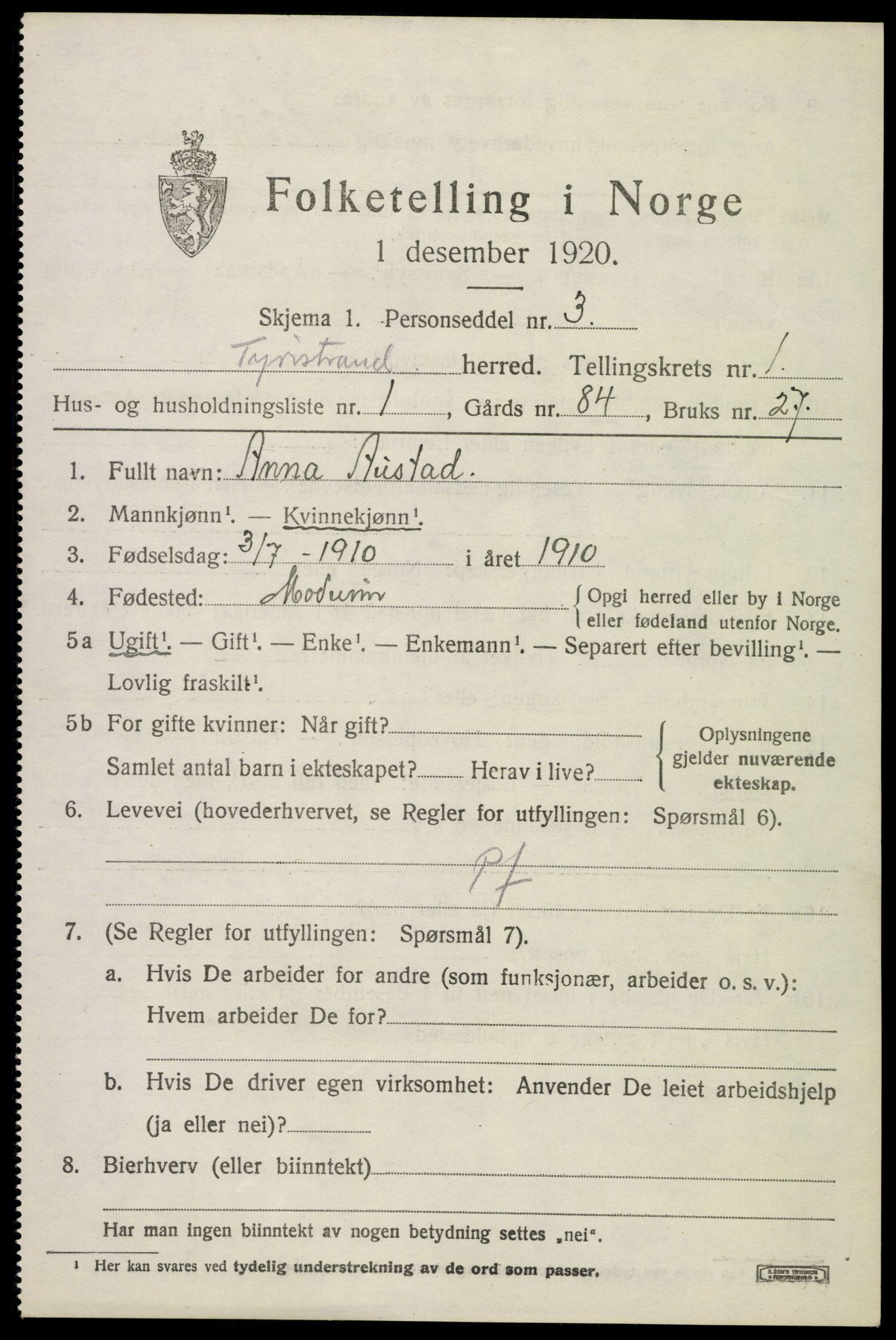 SAKO, 1920 census for Tyristrand, 1920, p. 606