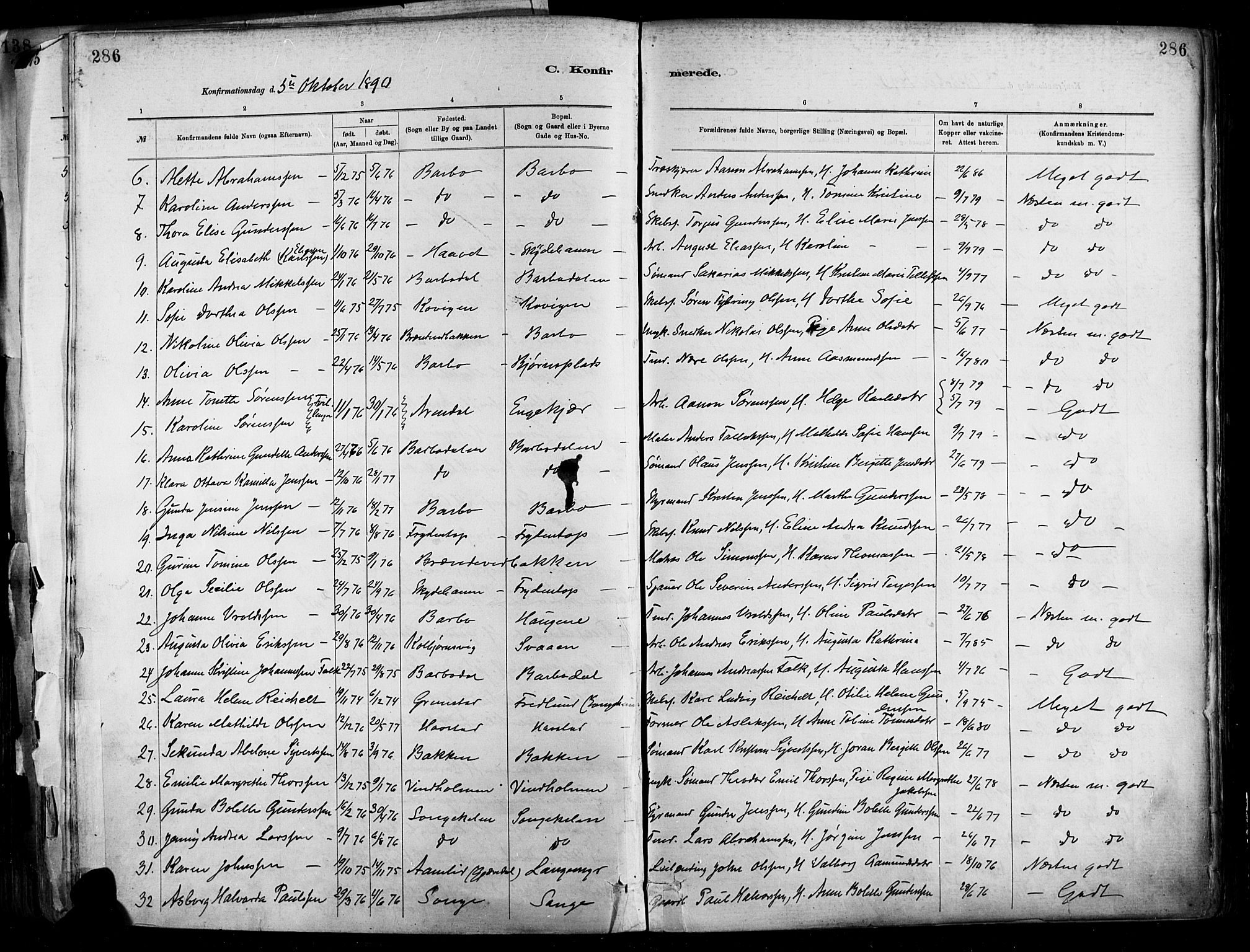 Barbu sokneprestkontor, AV/SAK-1111-0003/F/Fa/L0002: Parish register (official) no. A 2, 1883-1898, p. 286