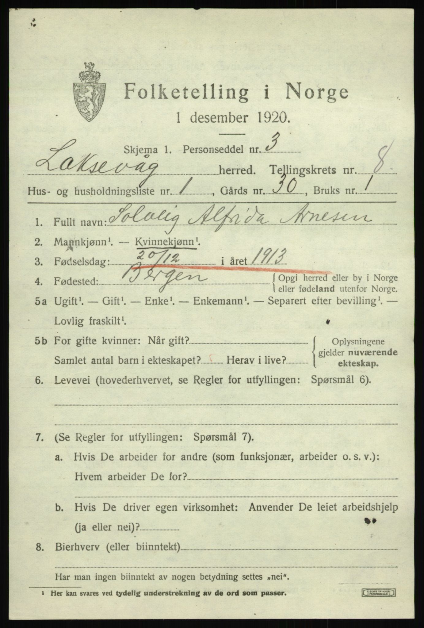 SAB, 1920 census for Laksevåg, 1920, p. 18694