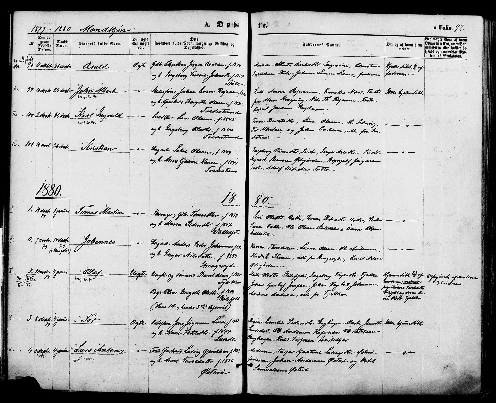 Holt sokneprestkontor, AV/SAK-1111-0021/F/Fa/L0010: Parish register (official) no. A 10, 1872-1885, p. 97