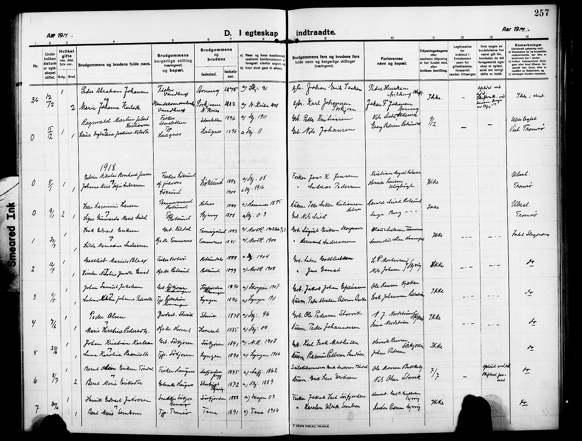 Skjervøy sokneprestkontor, SATØ/S-1300/H/Ha/Hab/L0009klokker: Parish register (copy) no. 9, 1911-1926, p. 257