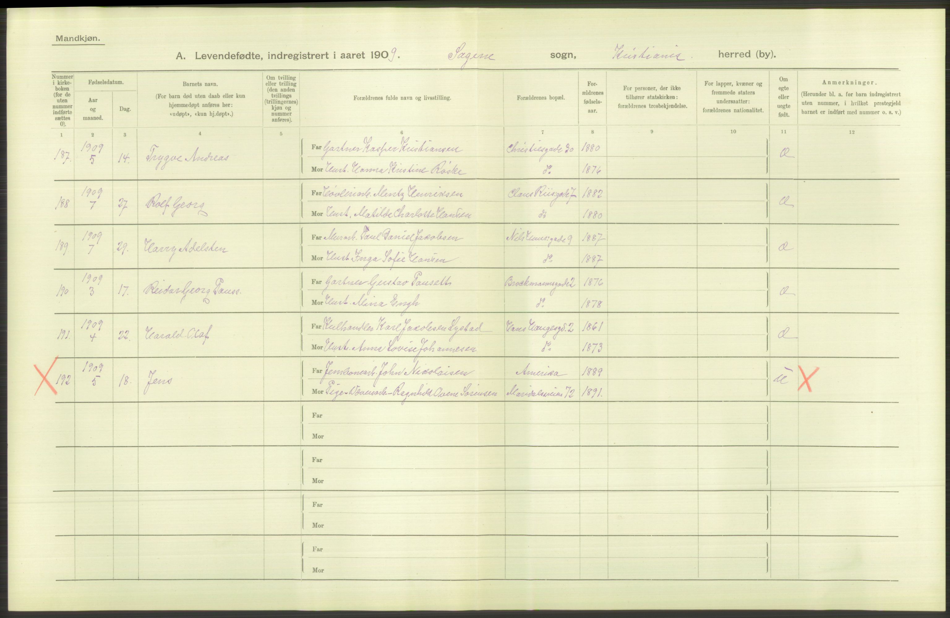 Statistisk sentralbyrå, Sosiodemografiske emner, Befolkning, AV/RA-S-2228/D/Df/Dfa/Dfag/L0007: Kristiania: Levendefødte menn og kvinner., 1909, p. 280