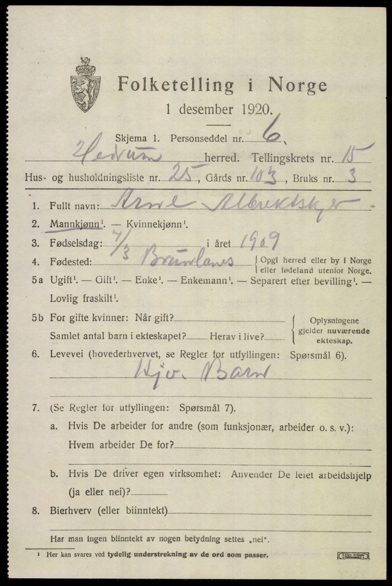 SAKO, 1920 census for Hedrum, 1920, p. 10243