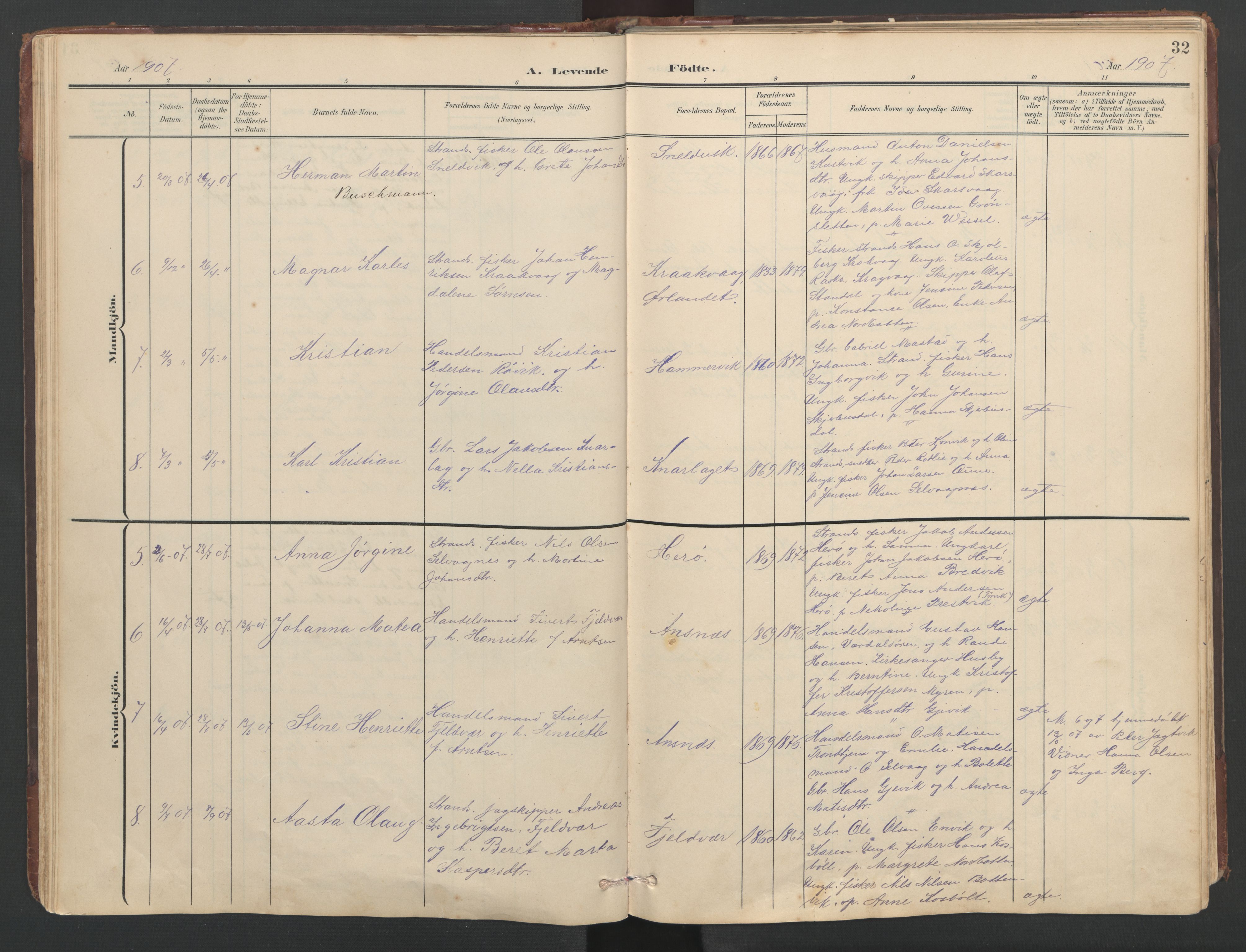 Ministerialprotokoller, klokkerbøker og fødselsregistre - Sør-Trøndelag, SAT/A-1456/638/L0571: Parish register (copy) no. 638C03, 1901-1930, p. 32