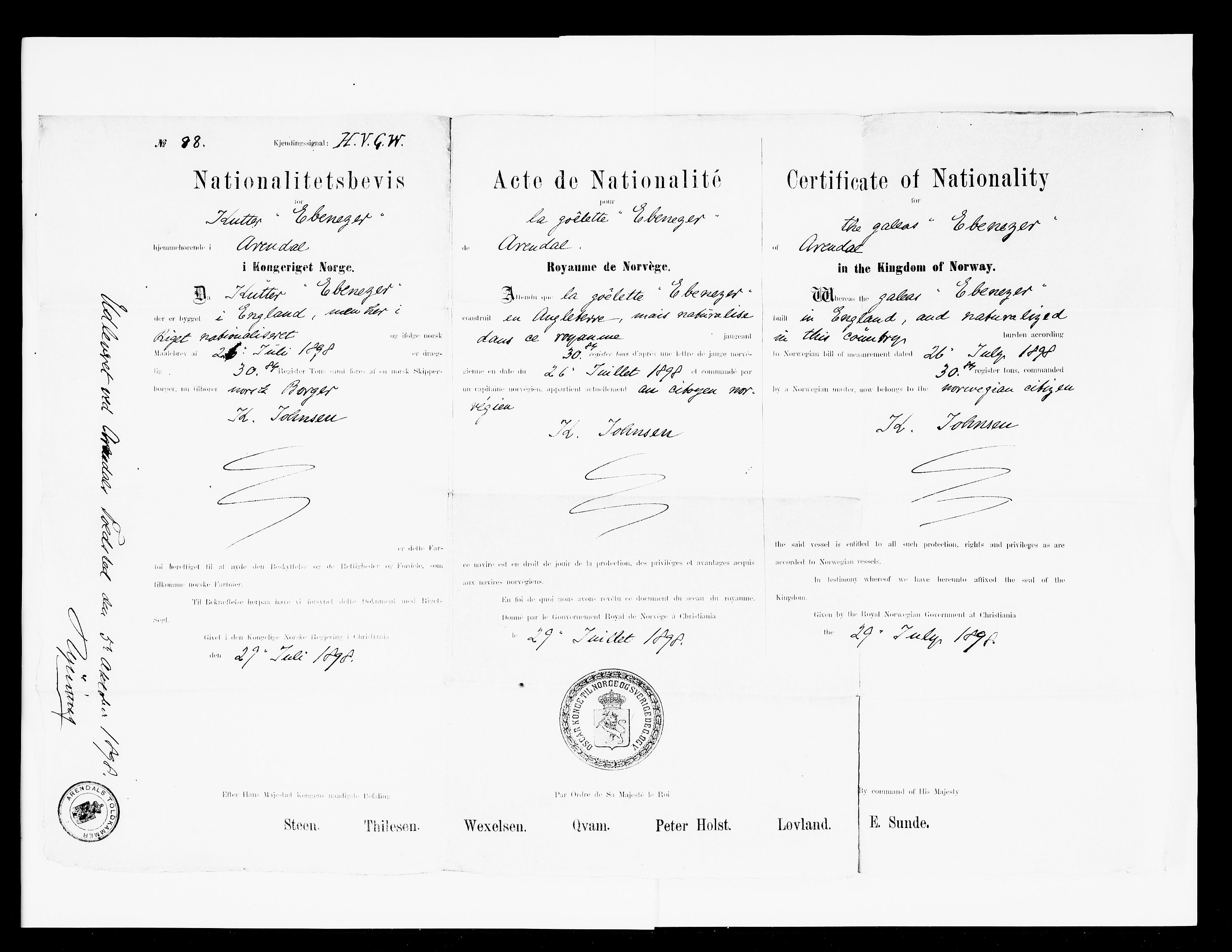 Arendal tollsted, AV/SAK-1351-0003/H/Ha/L0896: Legitimasjonsbevis for fartøyer i innenriksfart, 1886-1948, p. 369