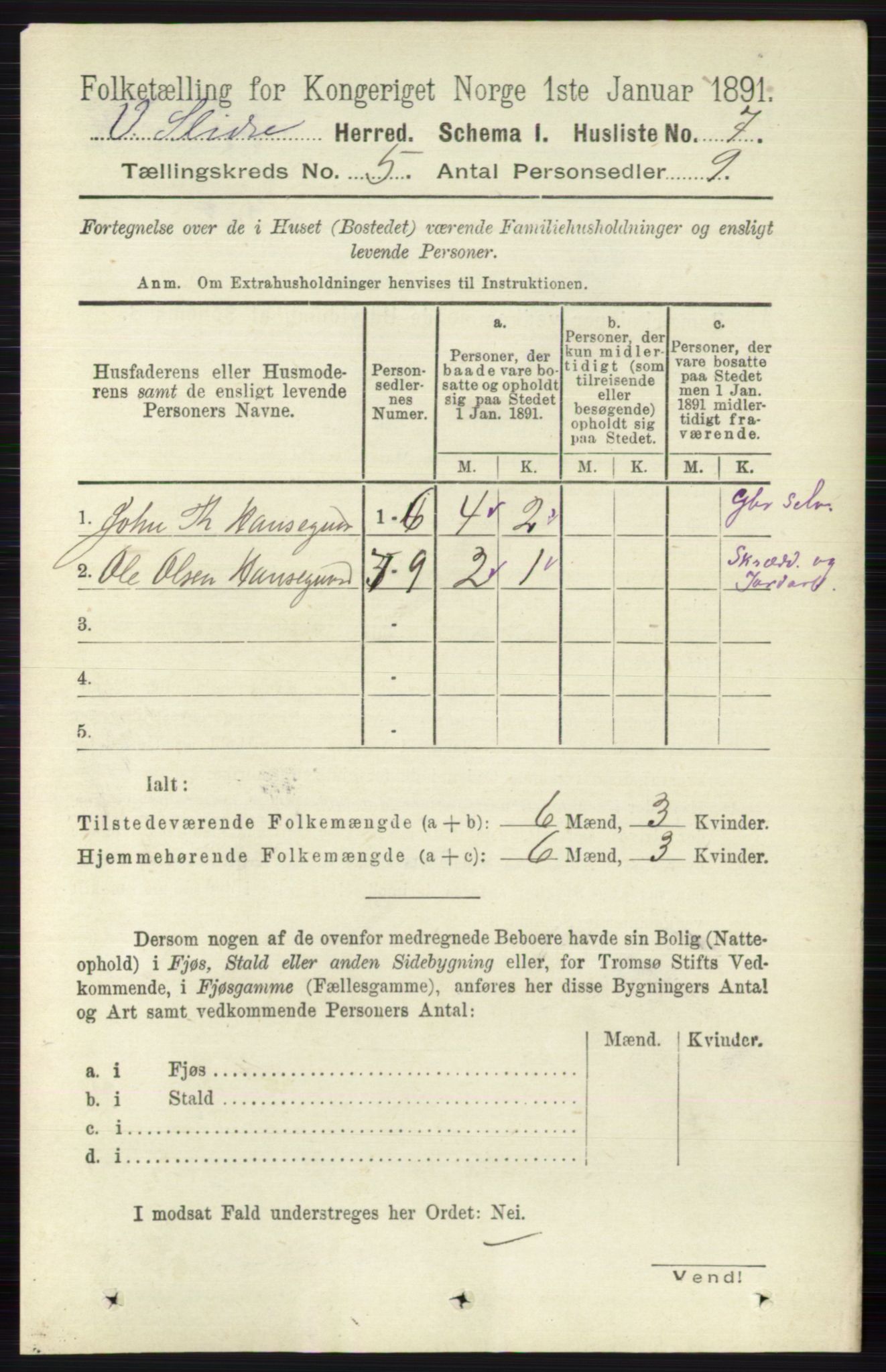 RA, 1891 census for 0543 Vestre Slidre, 1891, p. 1695