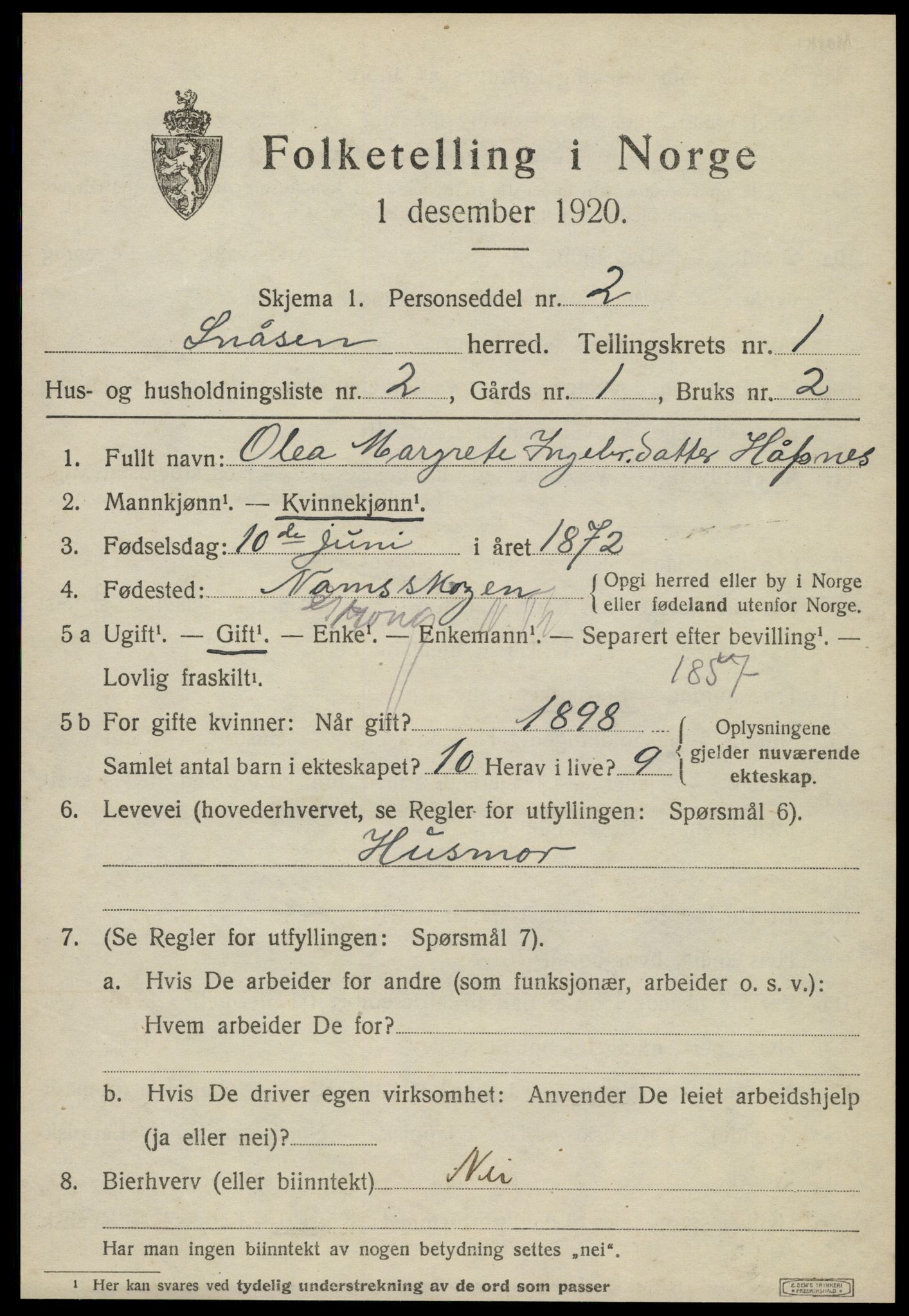SAT, 1920 census for Snåsa, 1920, p. 1060