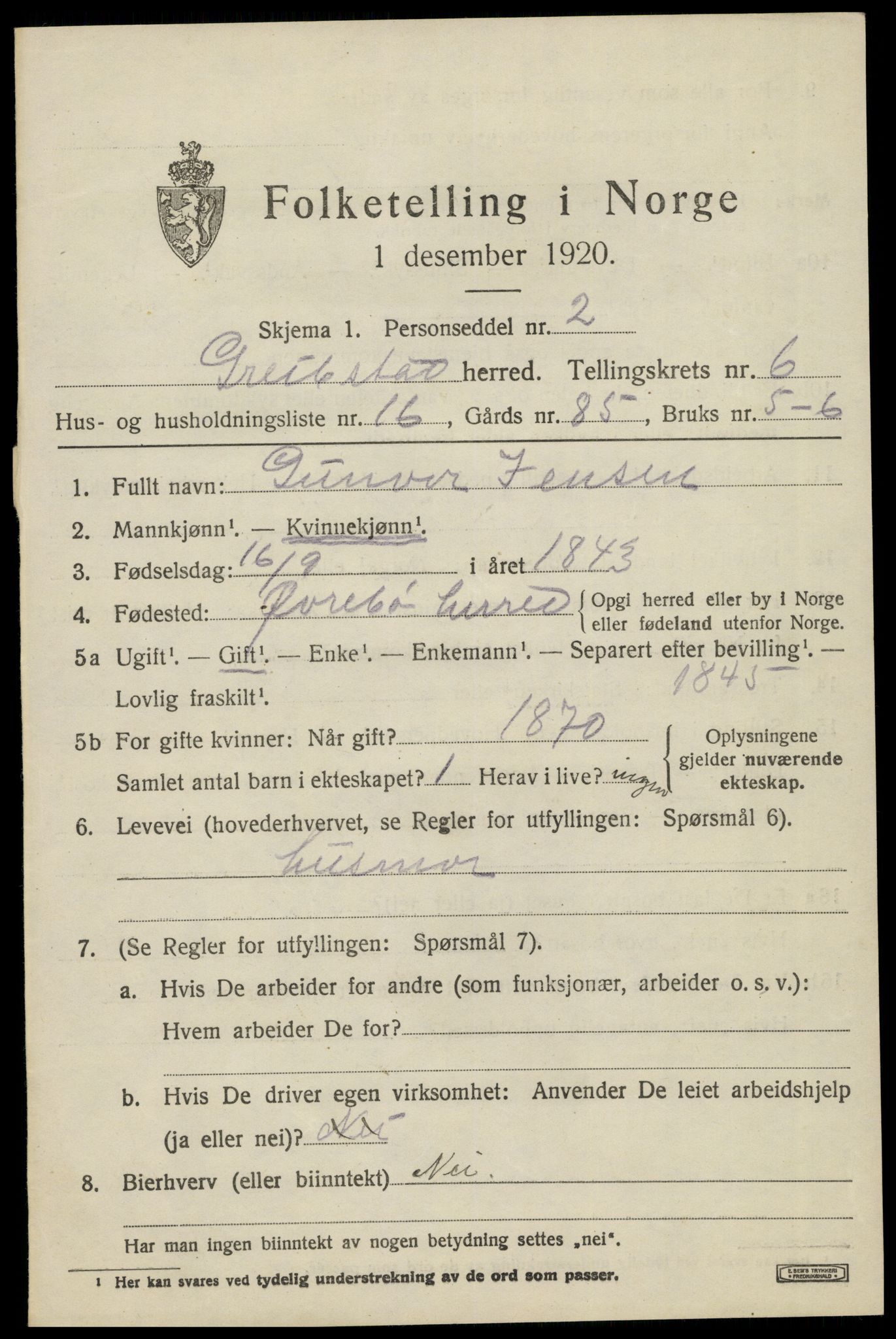 SAK, 1920 census for Greipstad, 1920, p. 2068