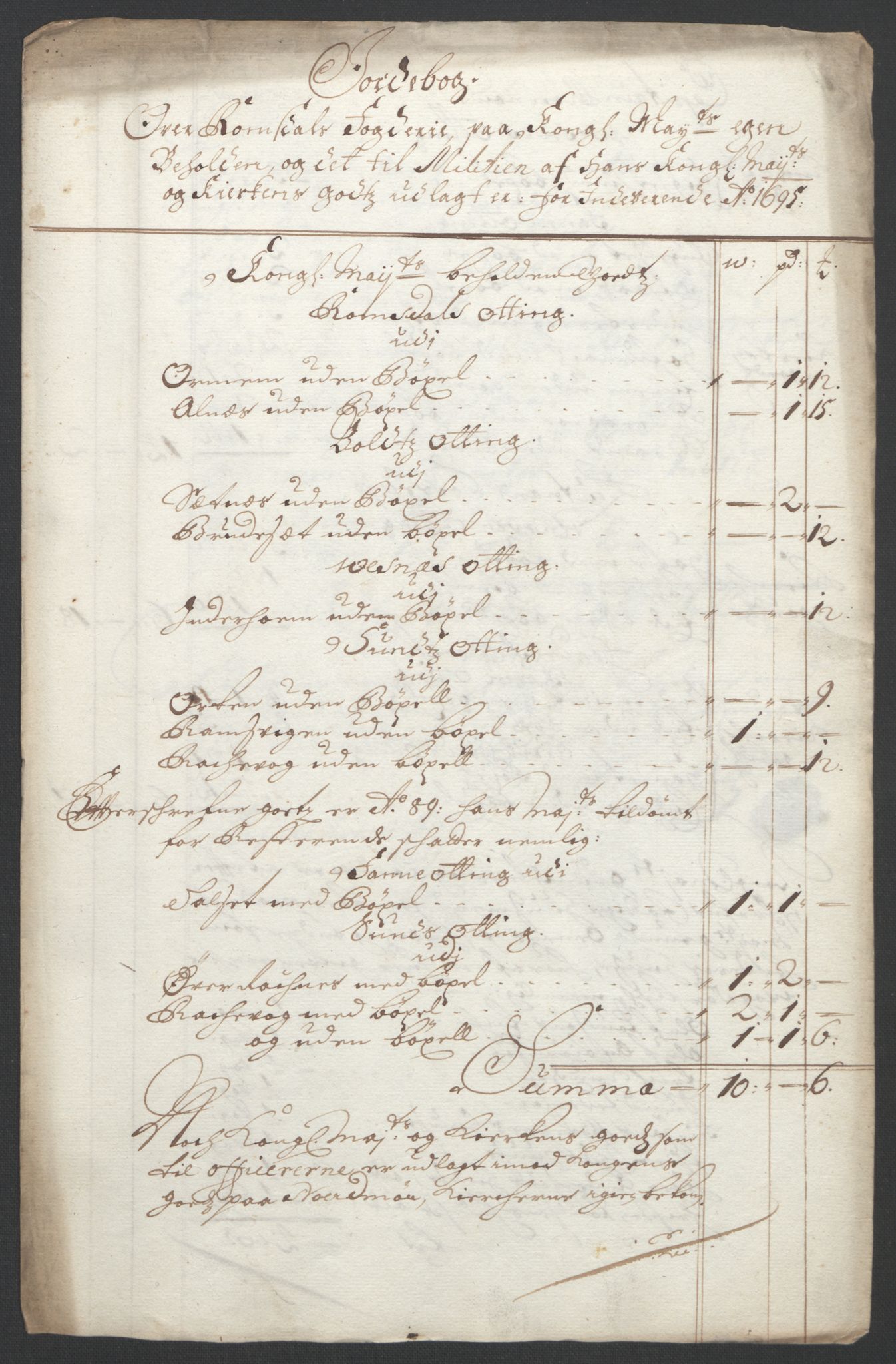 Rentekammeret inntil 1814, Reviderte regnskaper, Fogderegnskap, RA/EA-4092/R55/L3652: Fogderegnskap Romsdal, 1695-1696, p. 98