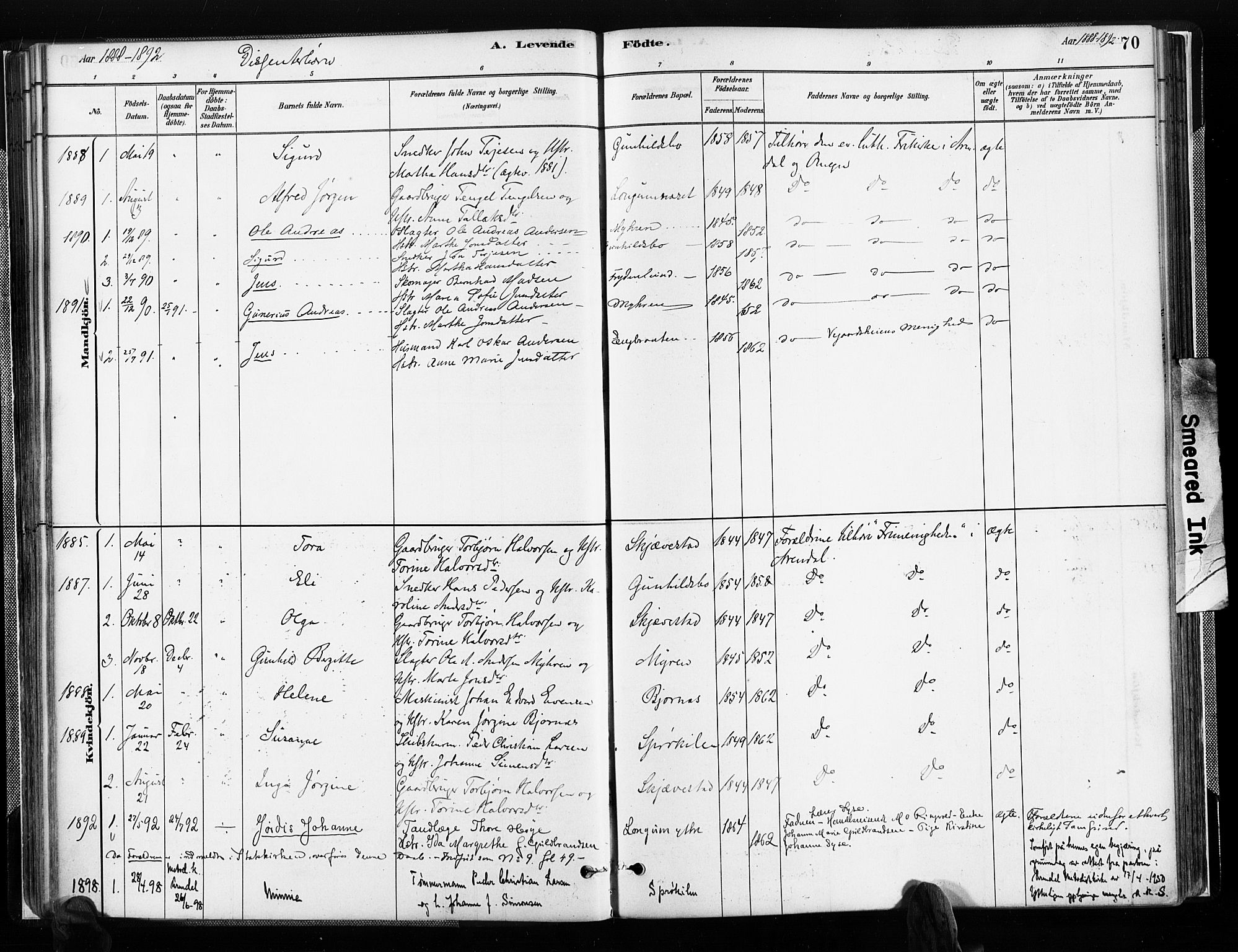 Austre Moland sokneprestkontor, SAK/1111-0001/F/Fa/Faa/L0010: Parish register (official) no. A 10, 1880-1904, p. 70