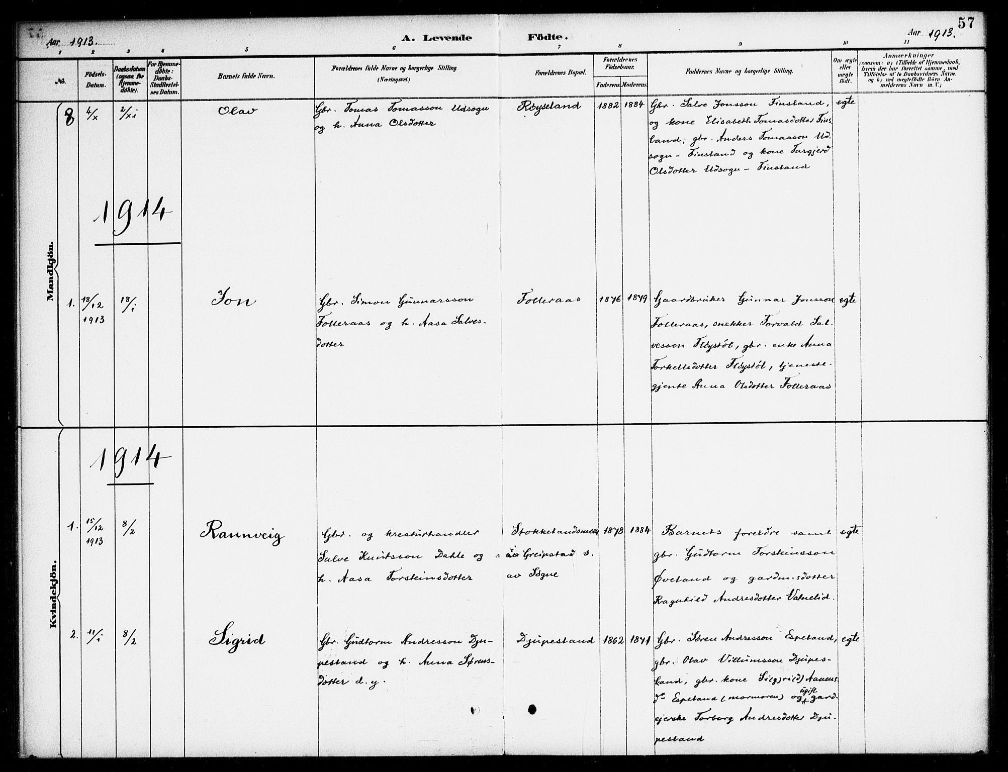 Bjelland sokneprestkontor, AV/SAK-1111-0005/F/Fa/Fab/L0004: Parish register (official) no. A 4, 1887-1920, p. 57