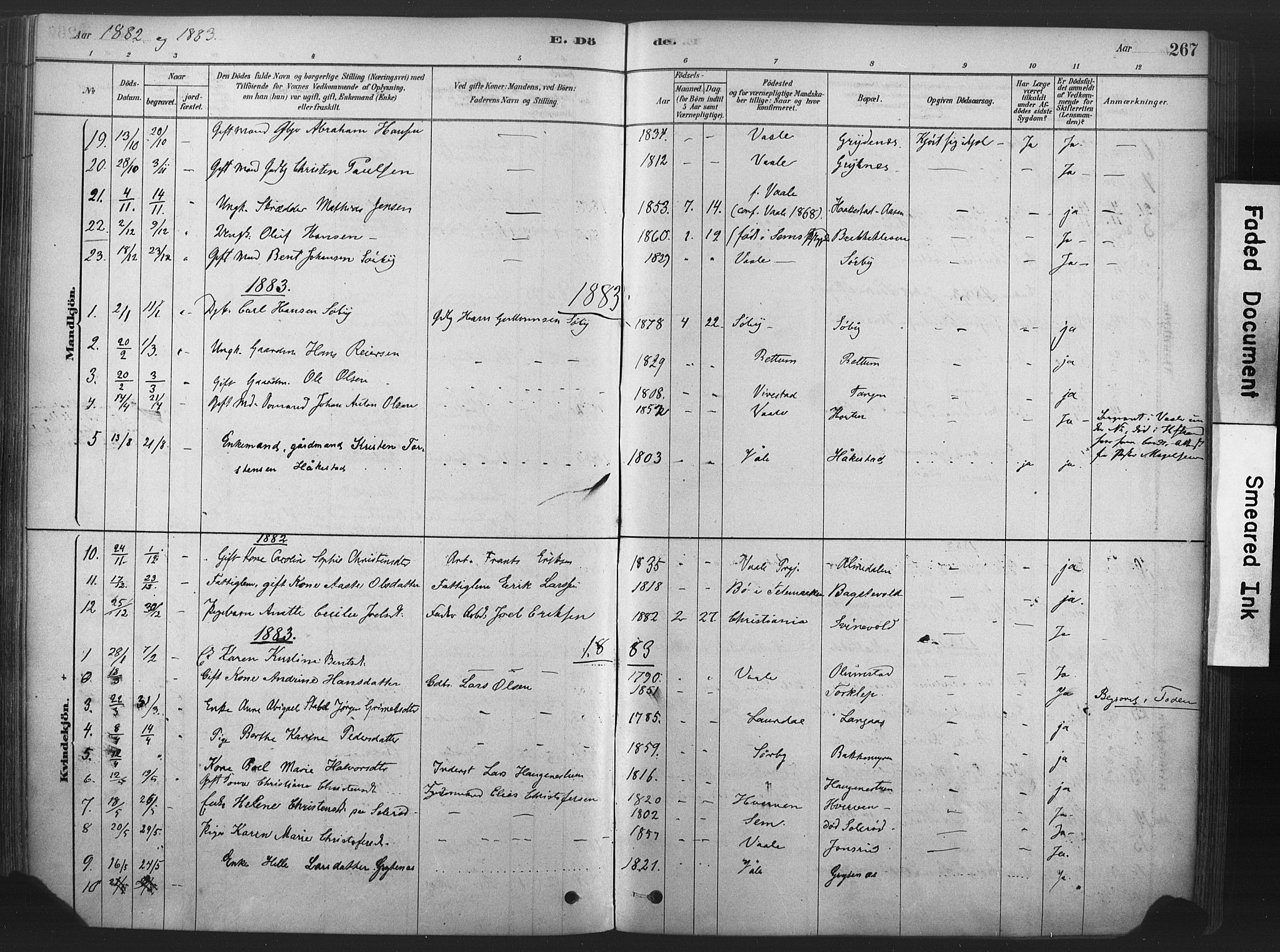 Våle kirkebøker, SAKO/A-334/F/Fa/L0011: Parish register (official) no. I 11, 1878-1906, p. 267