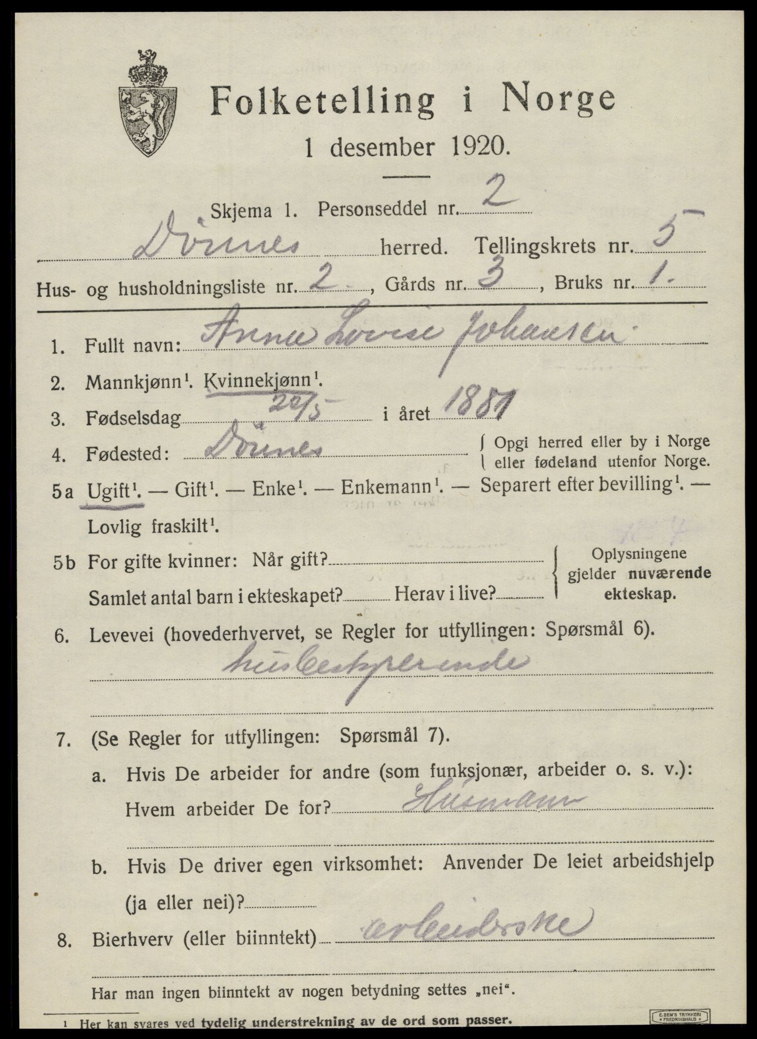 SAT, 1920 census for Dønnes, 1920, p. 2892