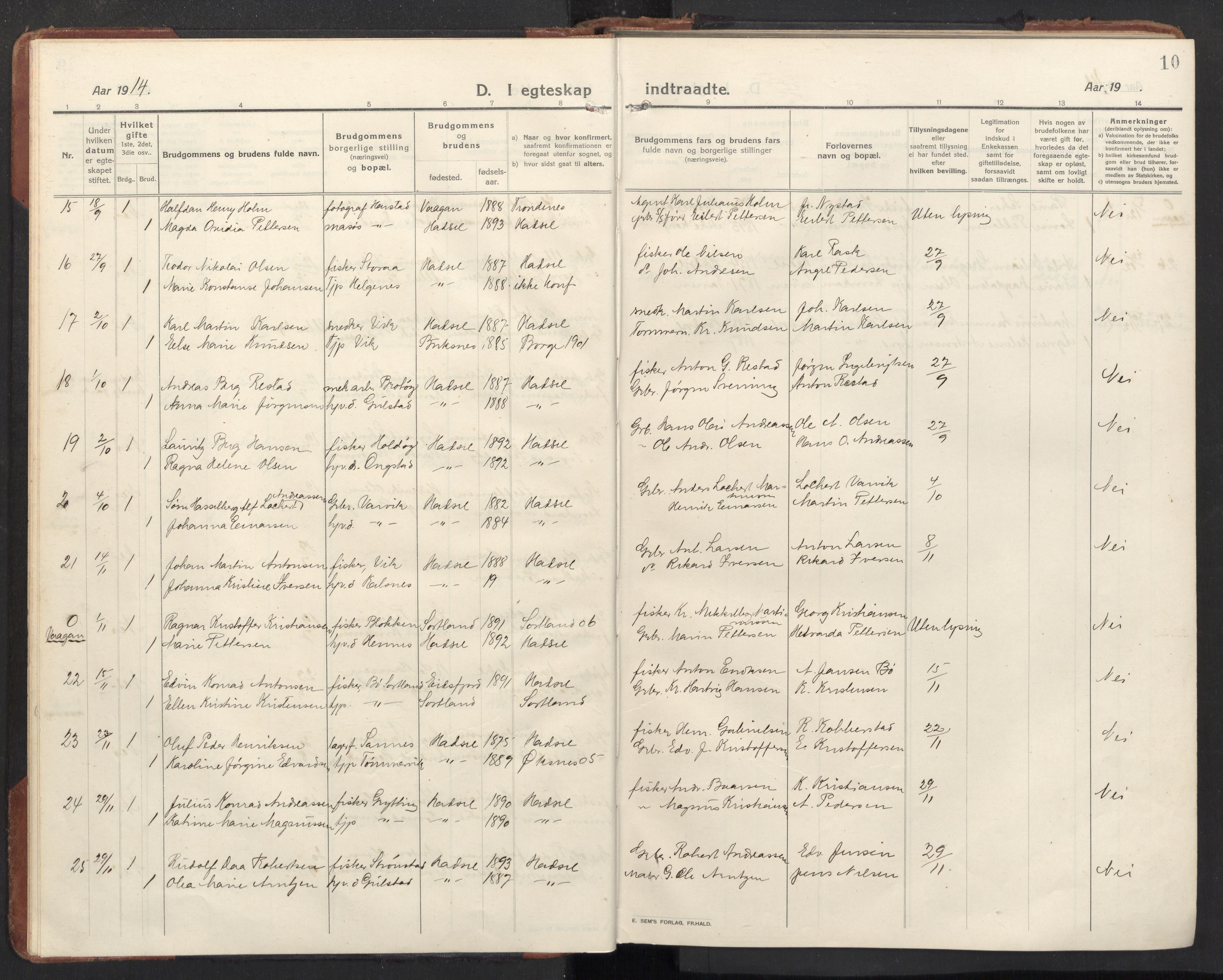 Ministerialprotokoller, klokkerbøker og fødselsregistre - Nordland, AV/SAT-A-1459/888/L1269: Parish register (copy) no. 888C11, 1913-1937, p. 10