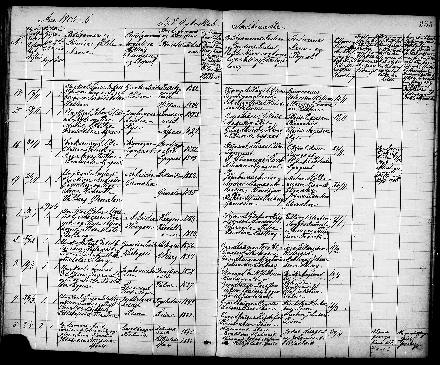 Ministerialprotokoller, klokkerbøker og fødselsregistre - Nord-Trøndelag, SAT/A-1458/723/L0257: Parish register (copy) no. 723C05, 1890-1907, p. 255