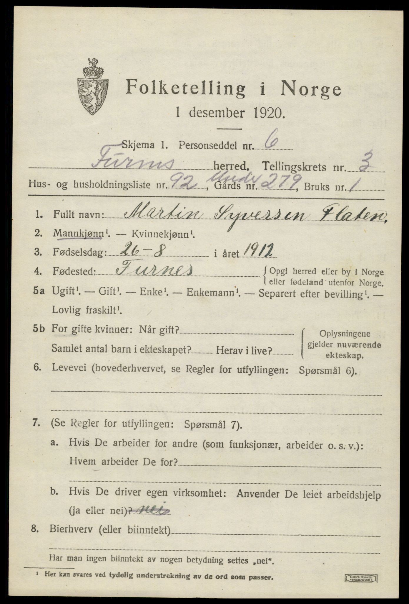 SAH, 1920 census for Furnes, 1920, p. 5713