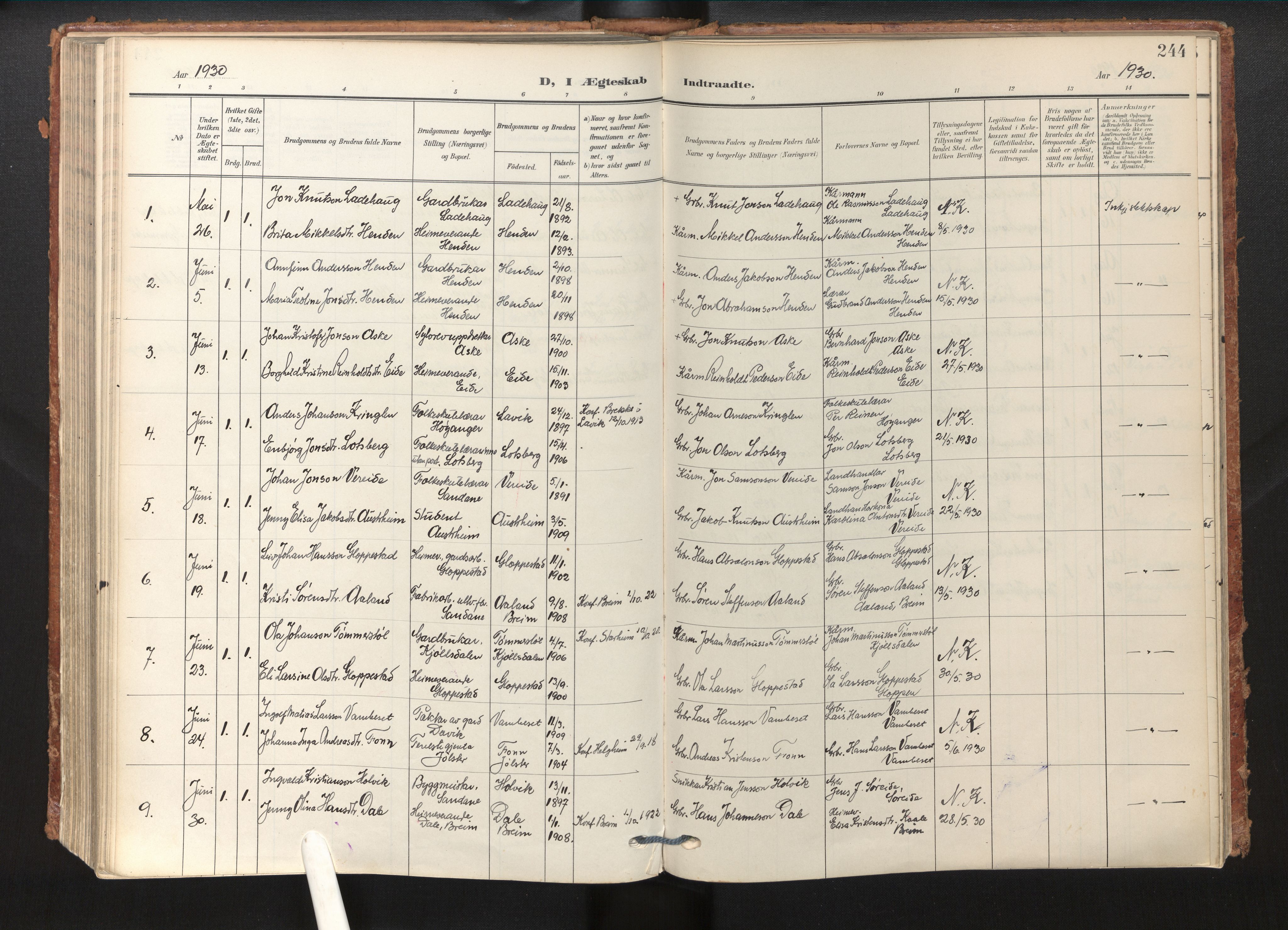 Gloppen sokneprestembete, AV/SAB-A-80101/H/Haa/Haab/L0002: Parish register (official) no. B 2, 1906-1932, p. 243b-244a